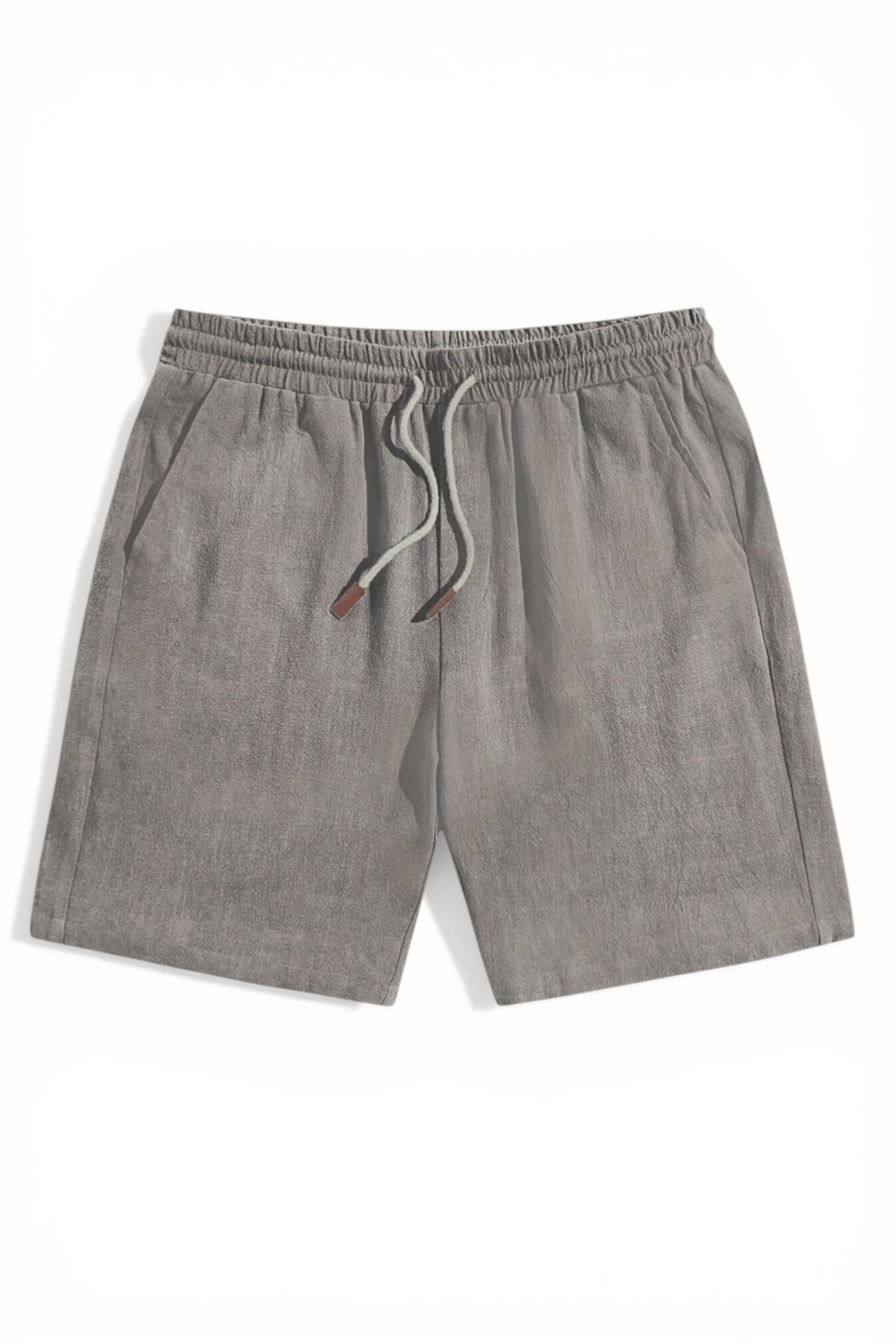Gray shorts with a drawstring on a white background