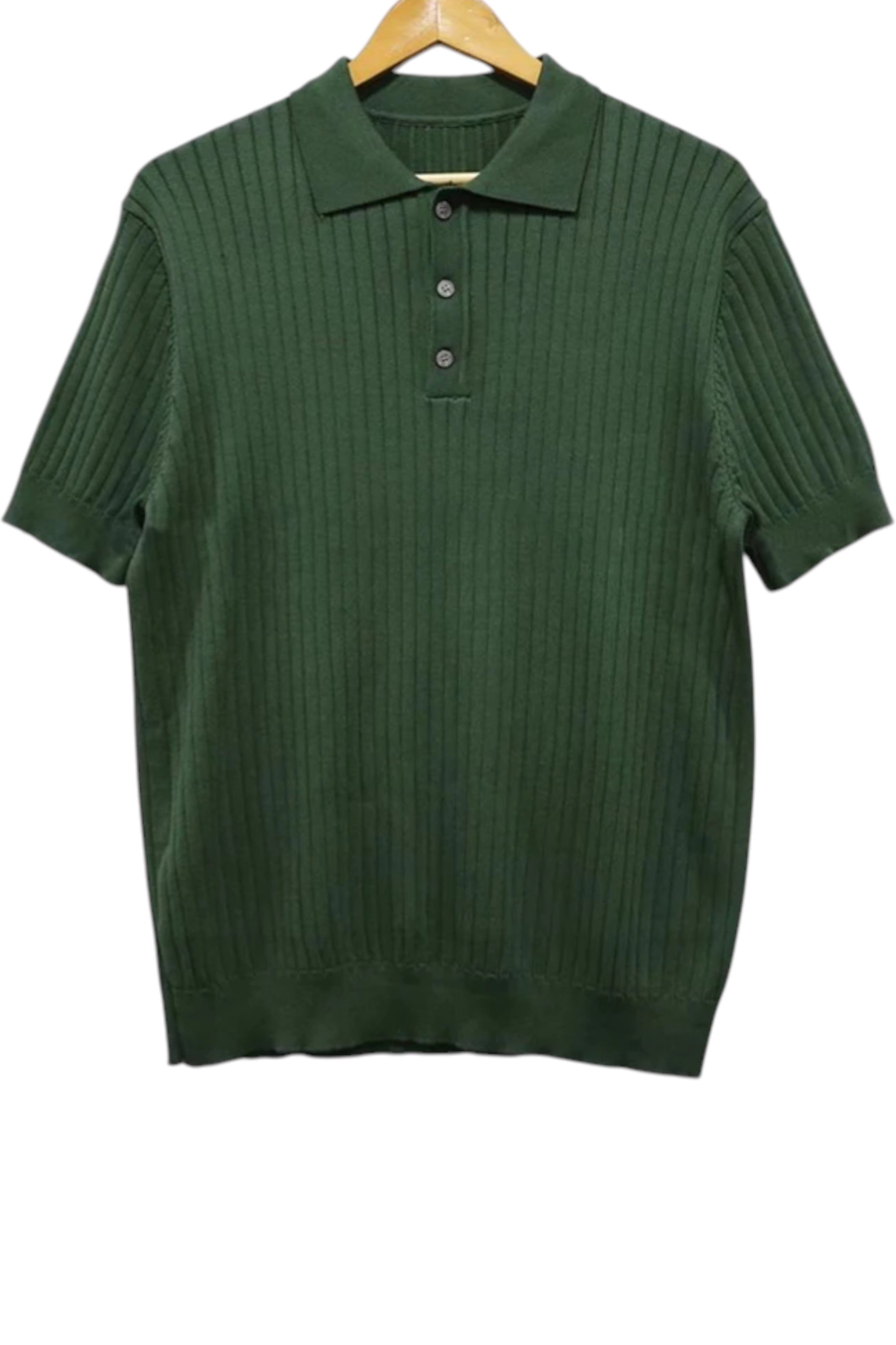 Green ribbed polo shirt on a hanger against a white background