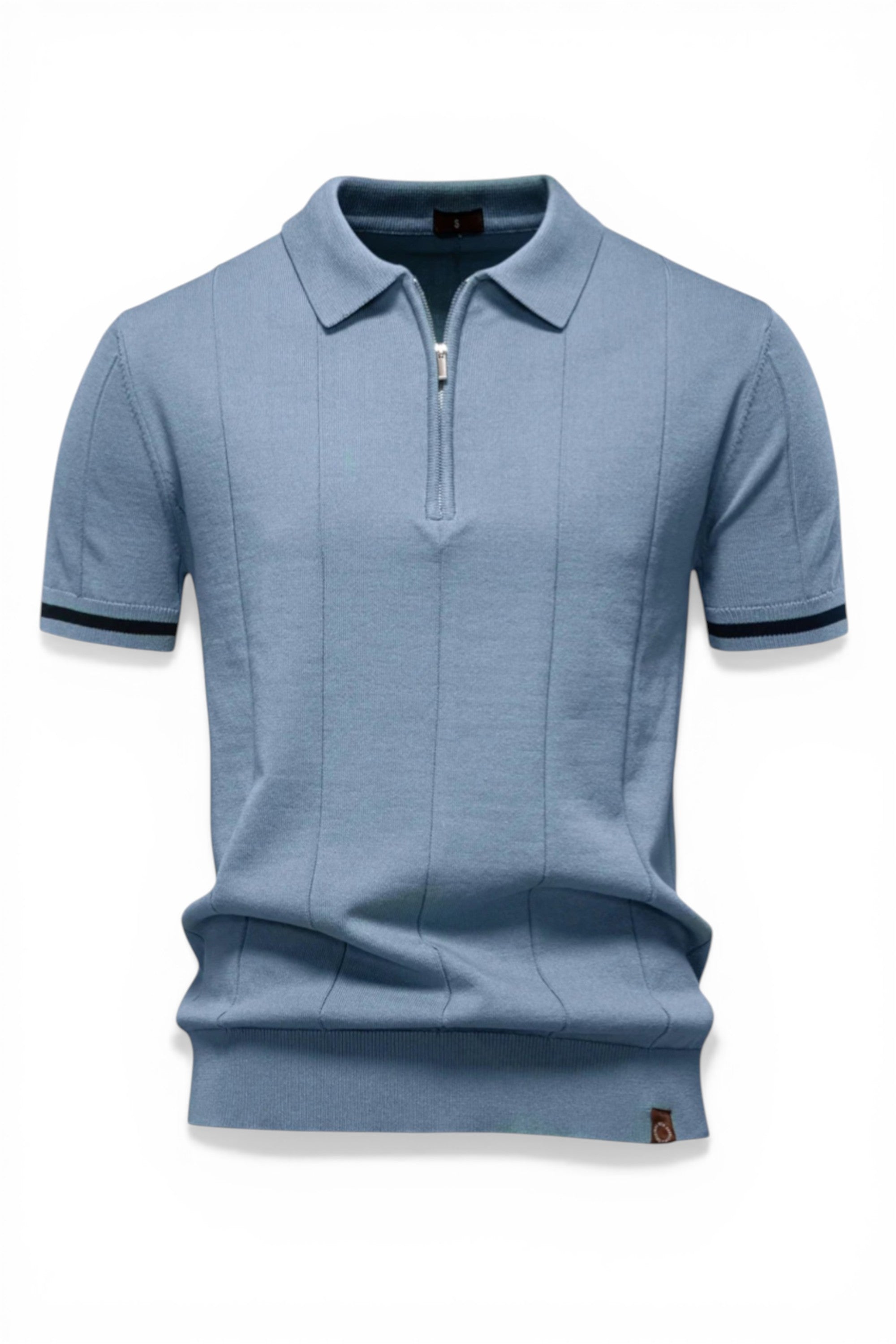 Blue polo shirt with a zipper on a white background