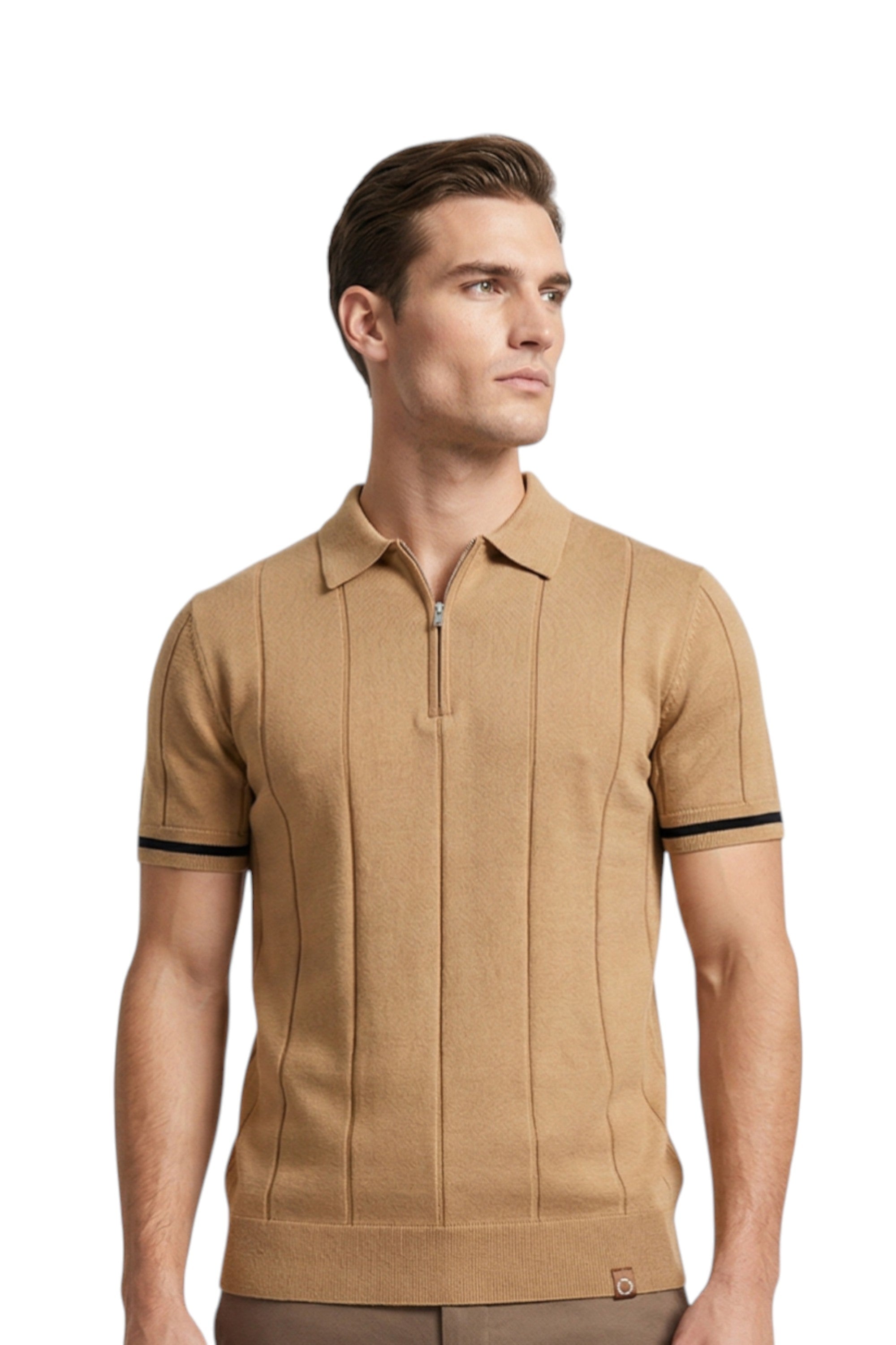 Man wearing a beige polo shirt with black trim on a white background