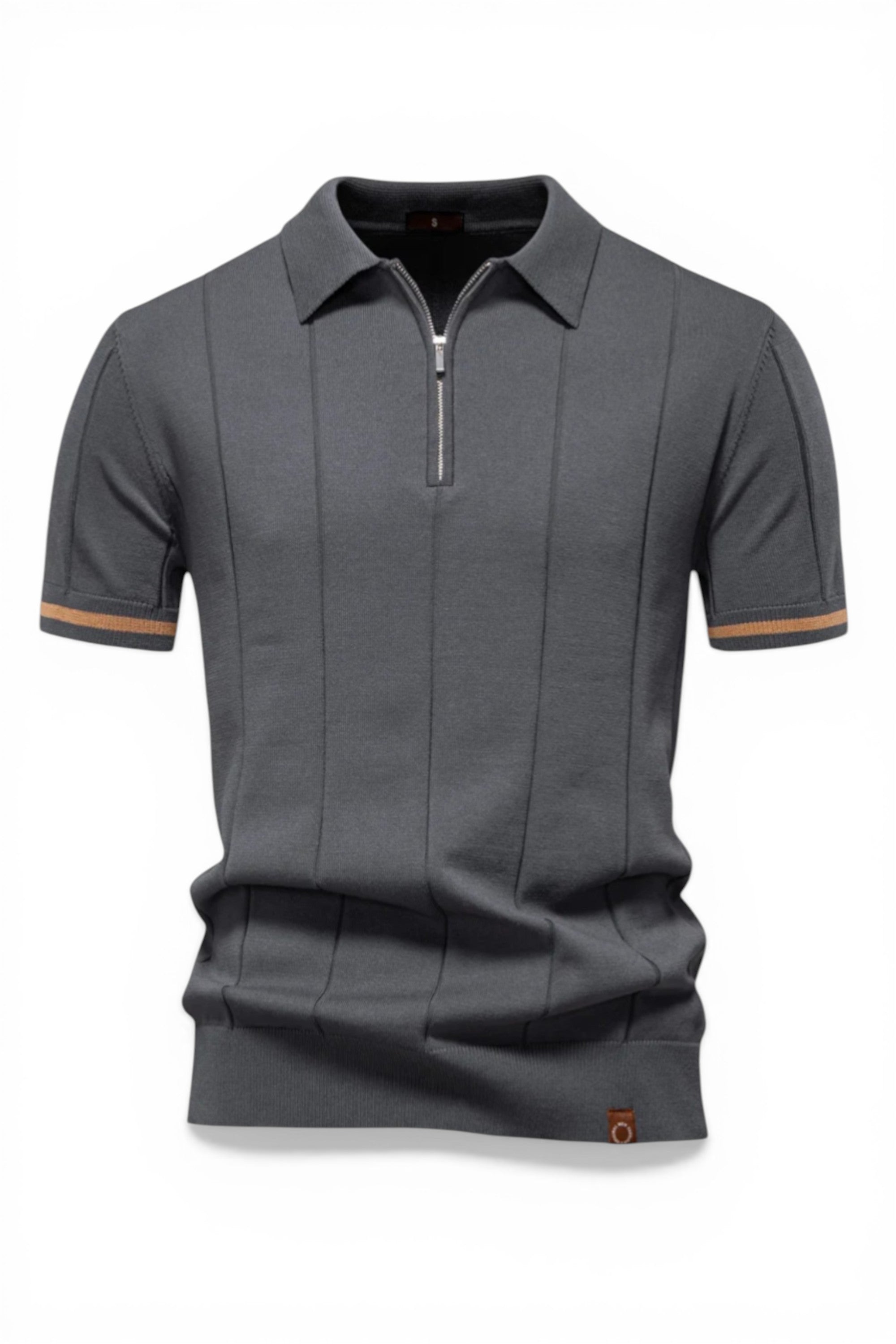 Gray polo shirt with a zipper on a white background