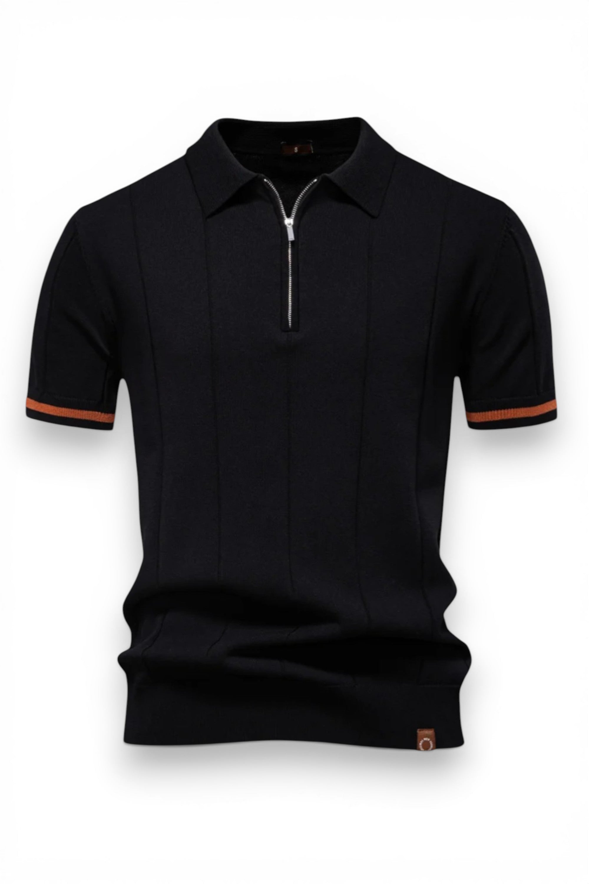 Black polo shirt with orange accents on a white background