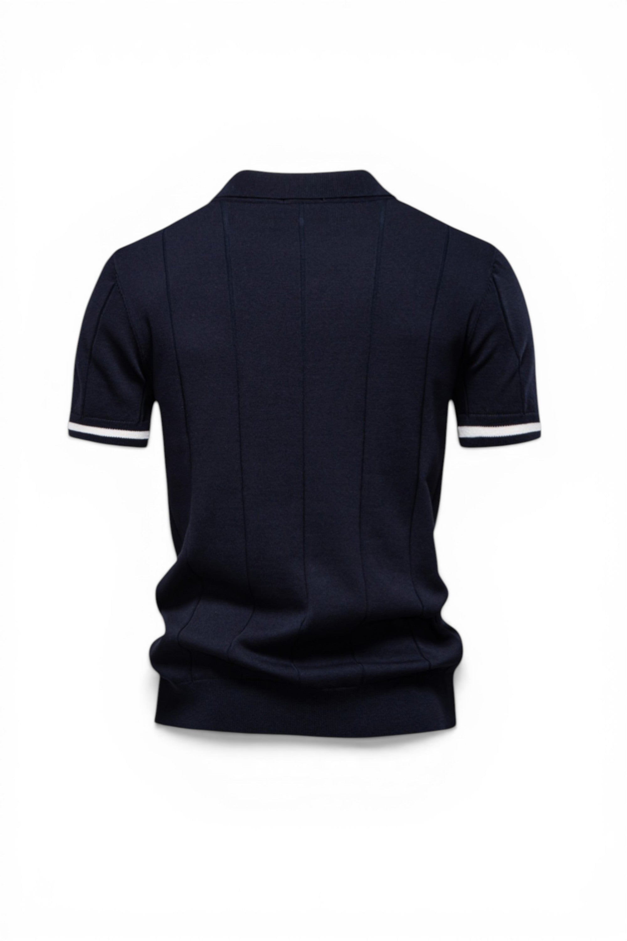 Navy blue polo shirt with white trim on a white background