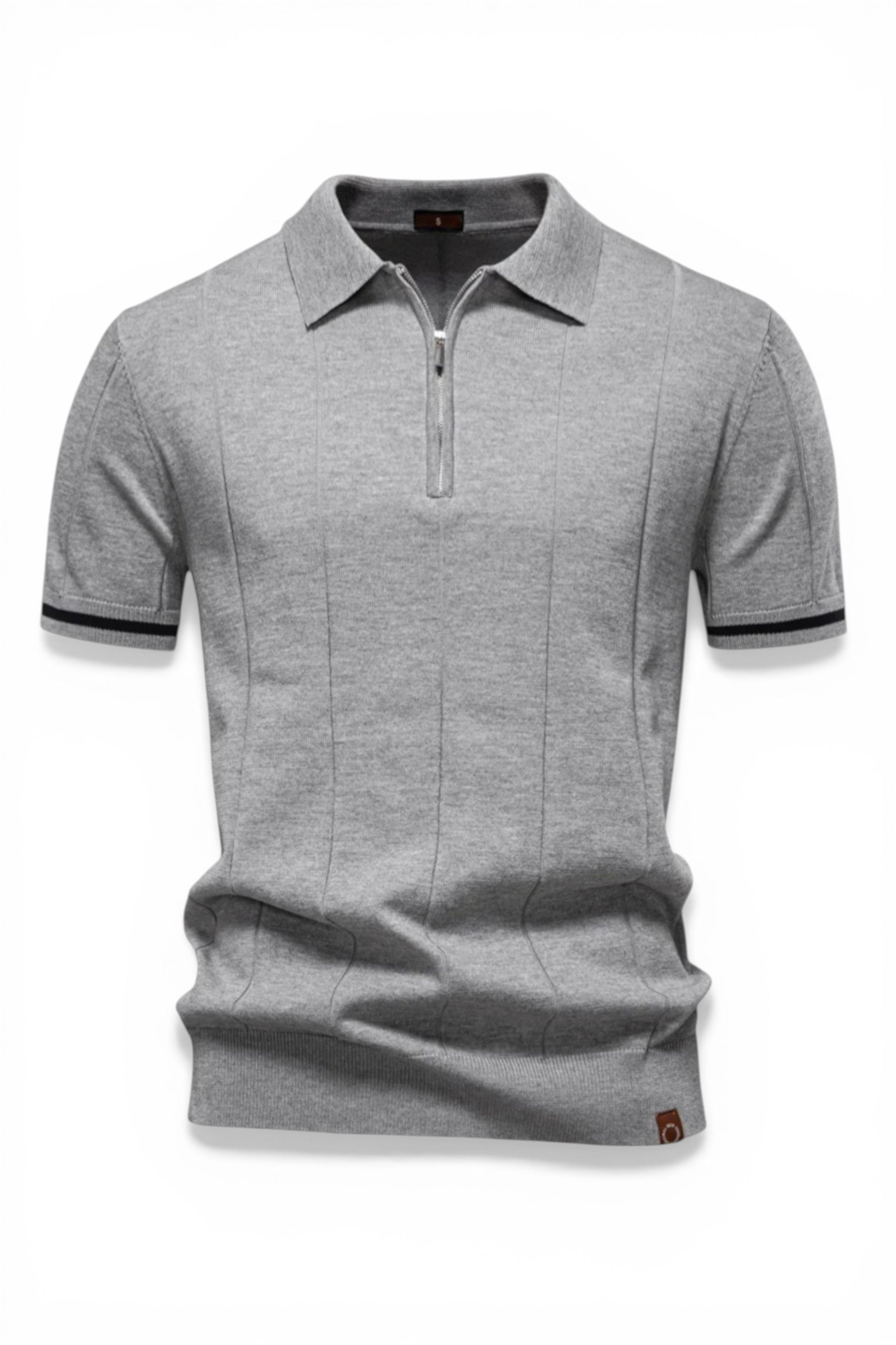 Gray polo shirt with a zipper on a white background