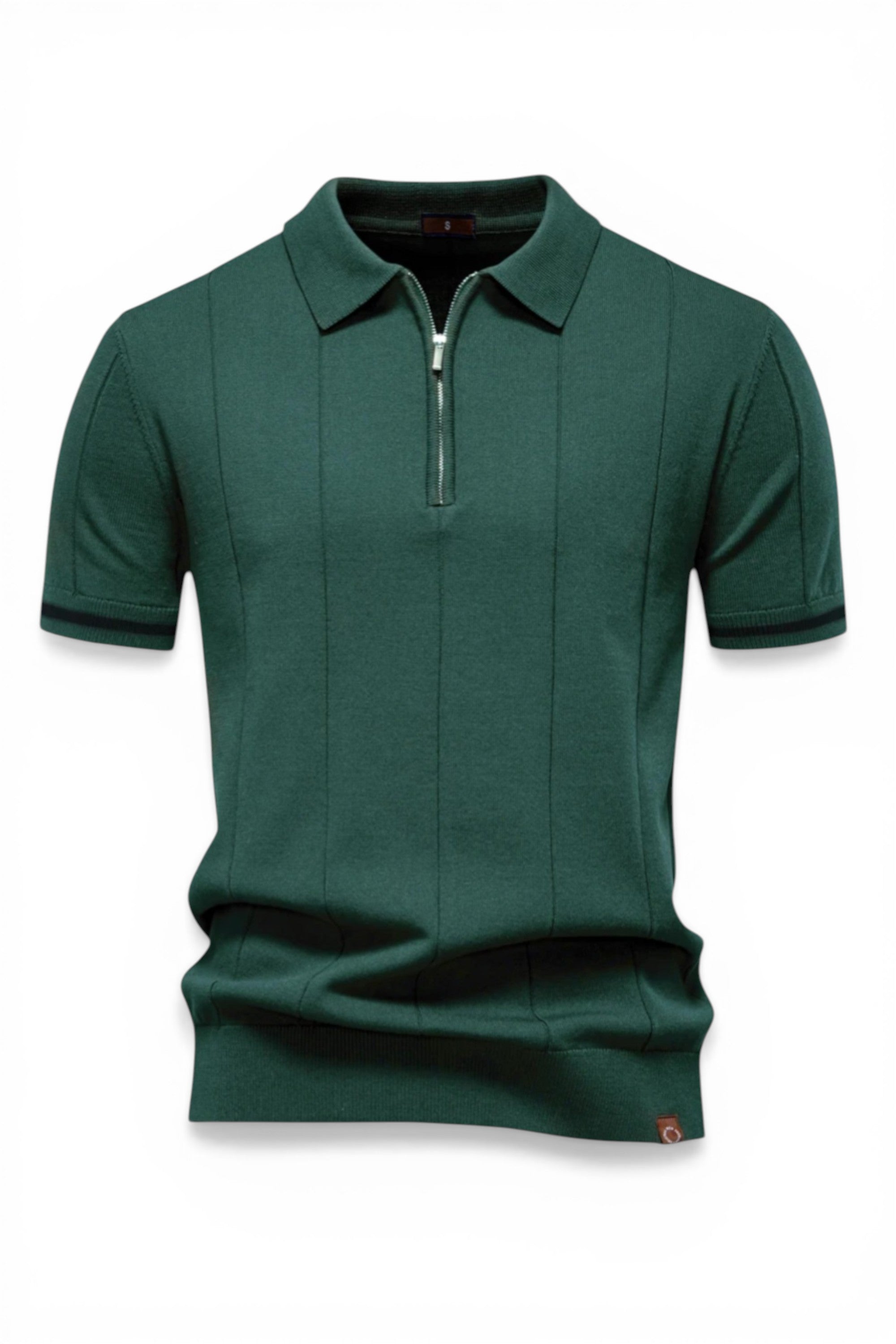 Green polo shirt with a zipper on a white background