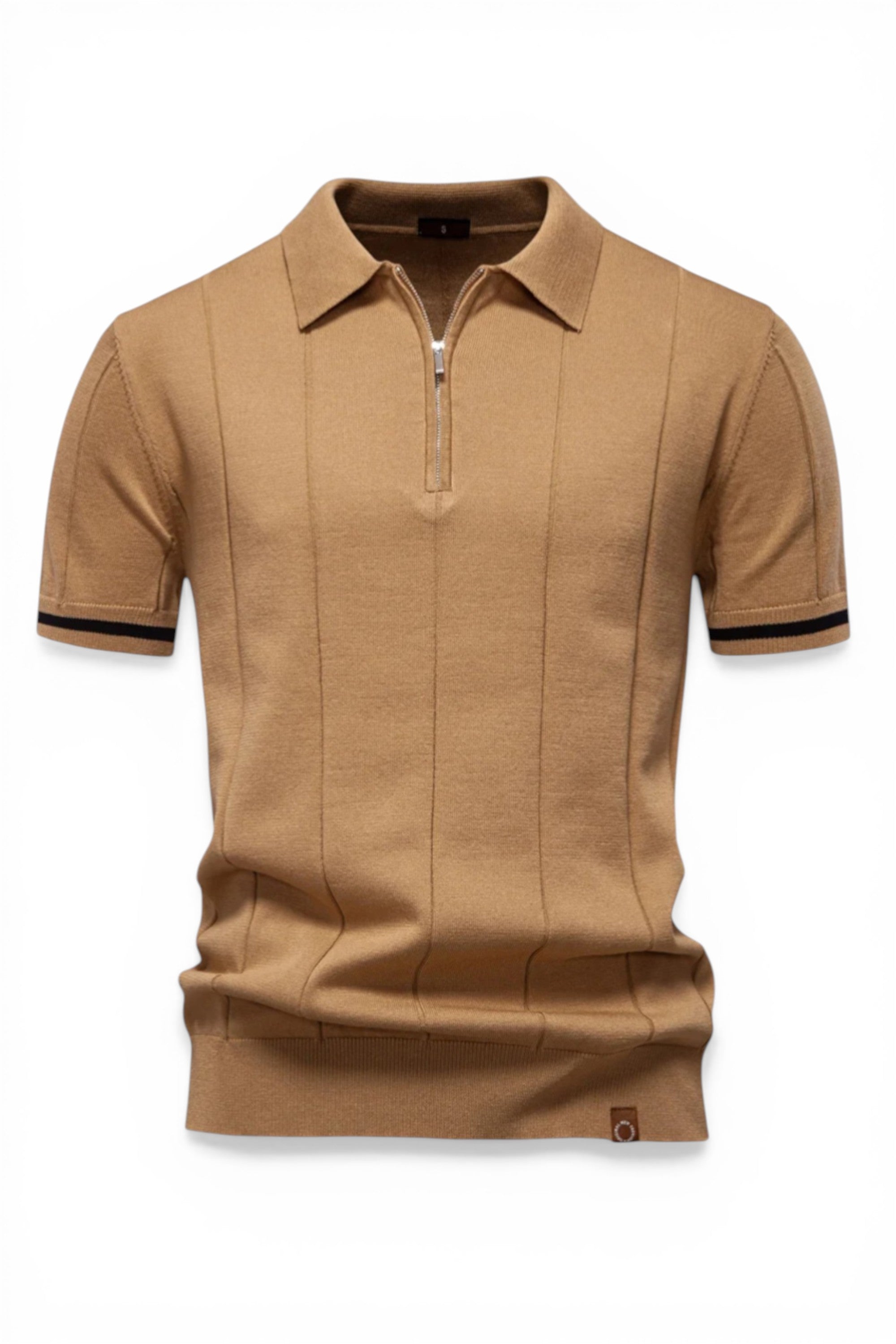 Brown polo shirt with black trim on a white background