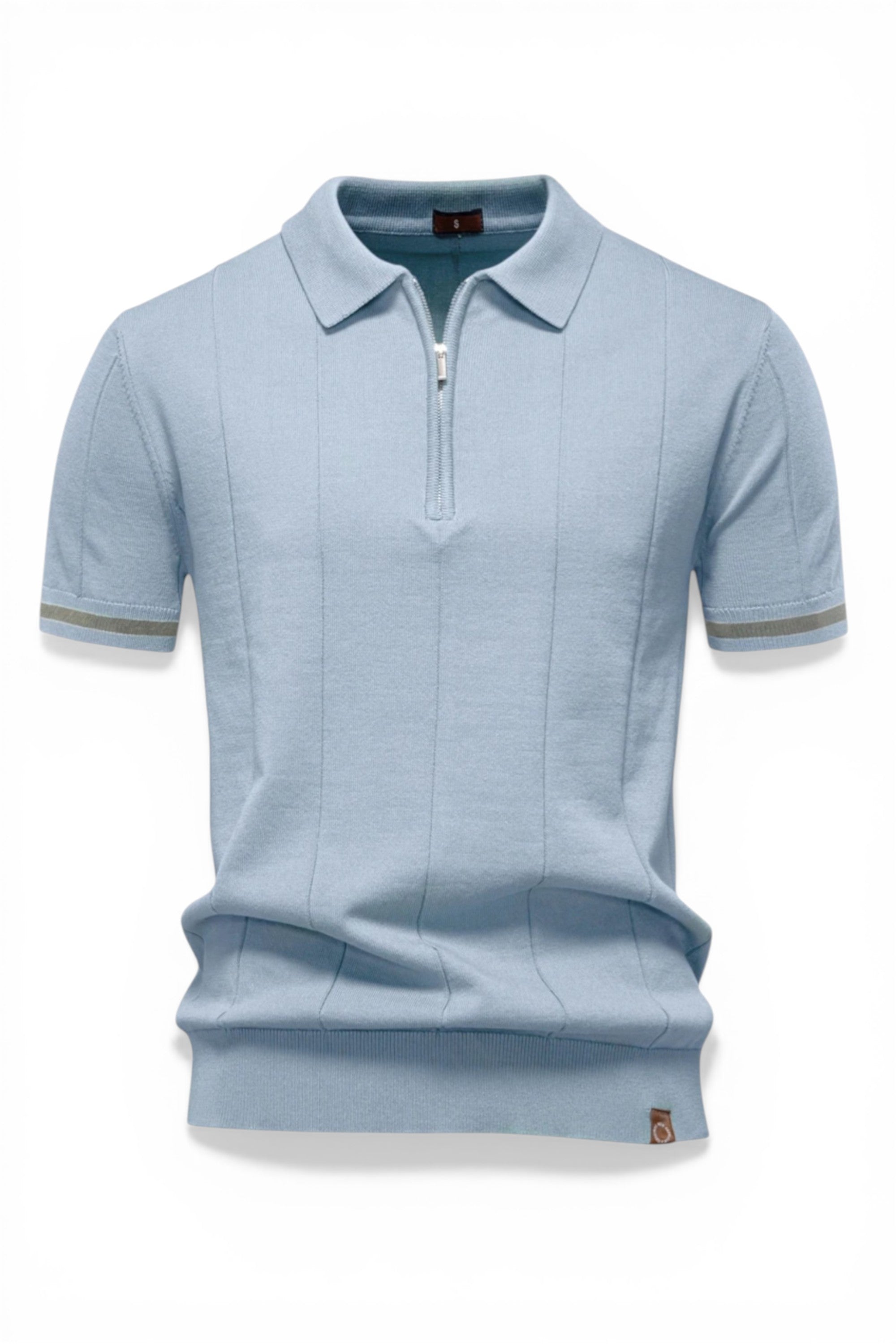 Light blue polo shirt with a zipper on a white background