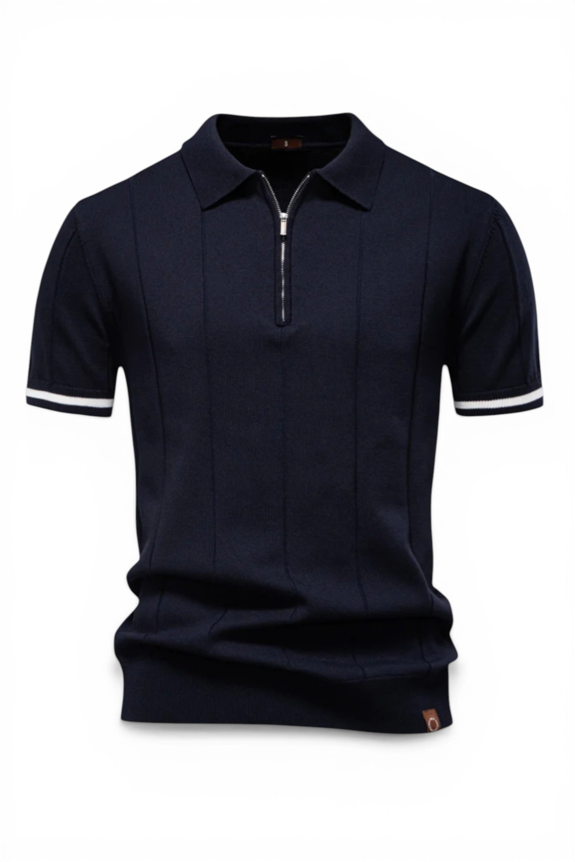 Navy blue polo shirt with white trim on a white background