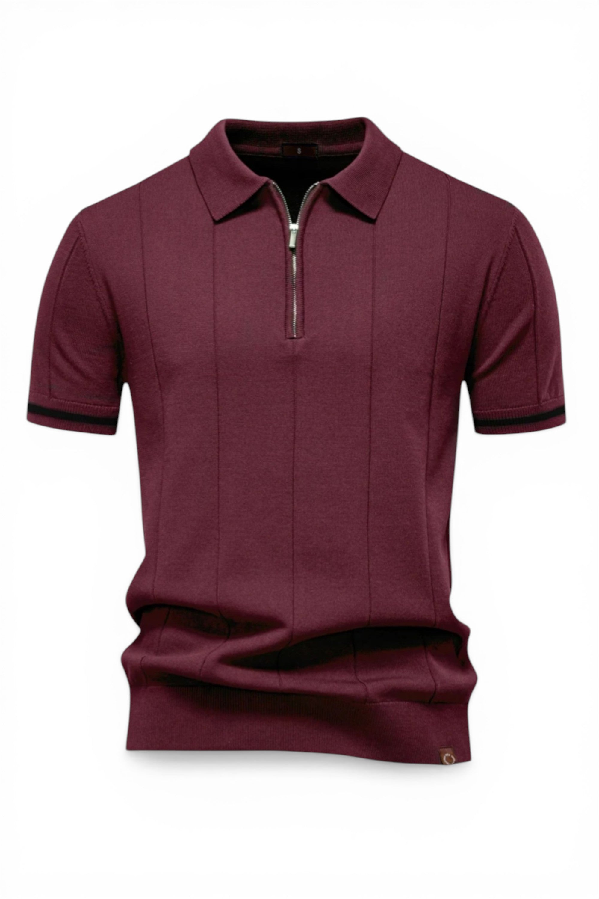 Maroon polo shirt with a zipper on a white background