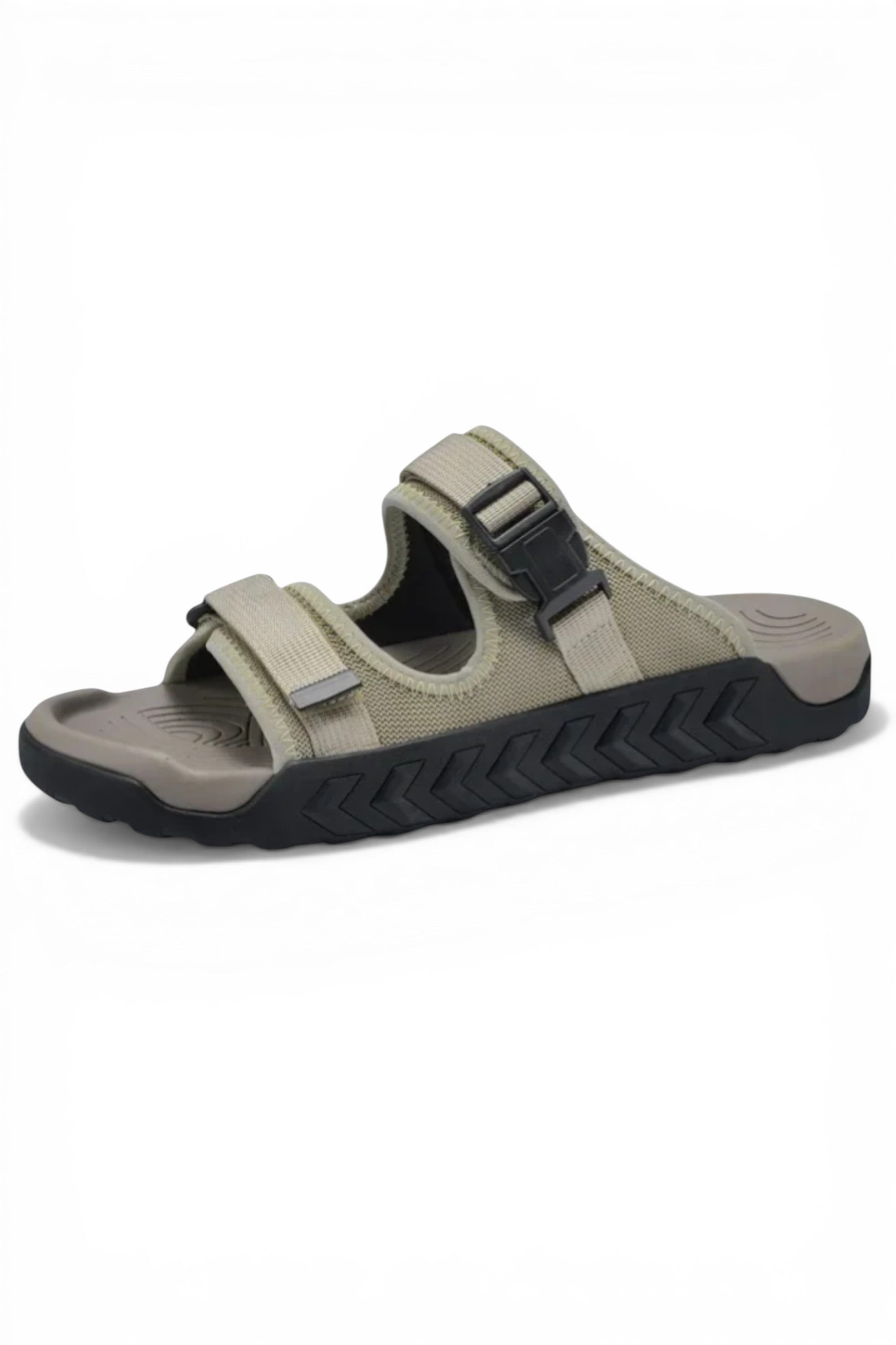Beige sandal with black sole on a white background