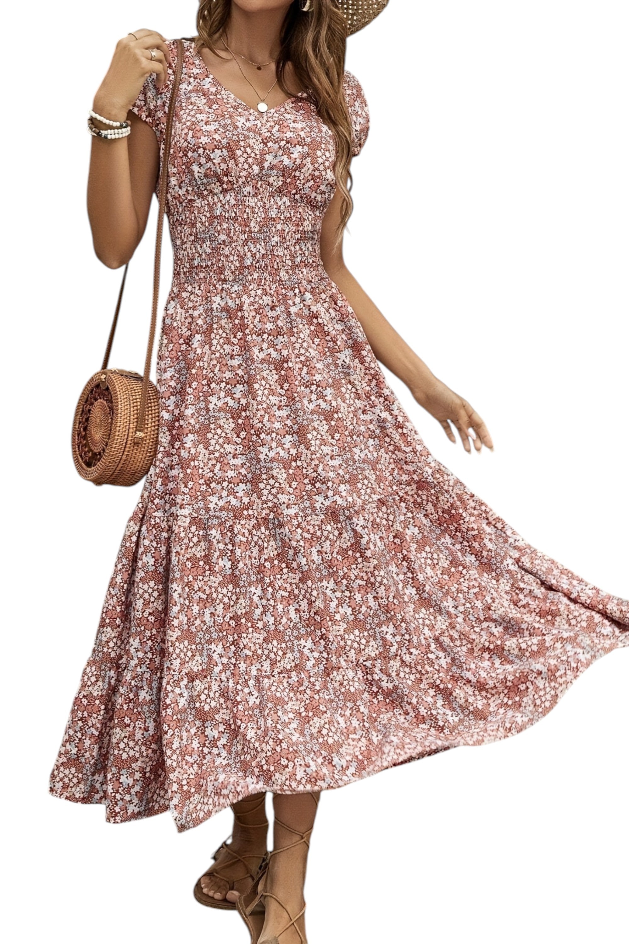 Woman wearing a floral dress with a white background