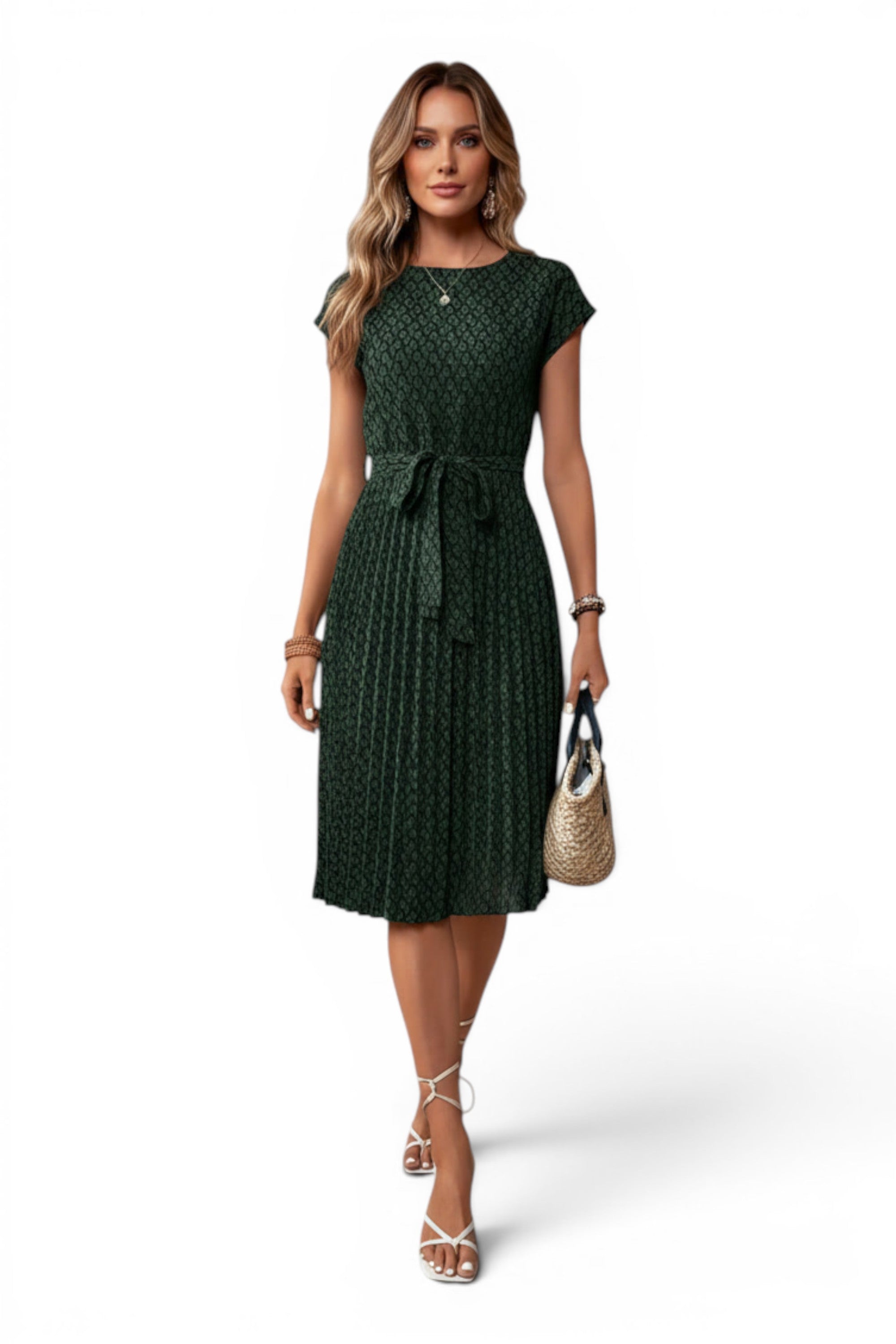 Woman wearing a green dress with a white background