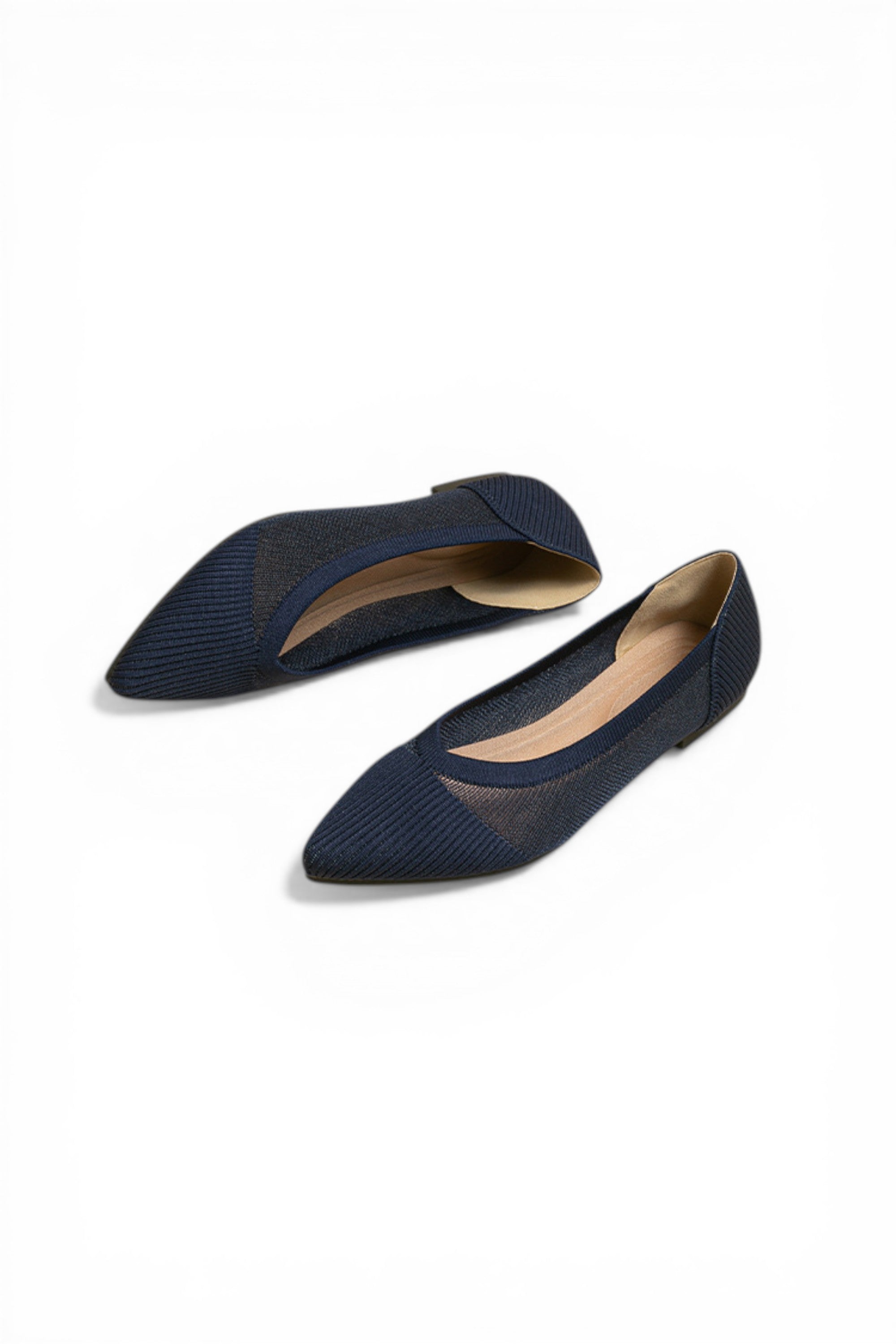 Pair of navy blue pointed-toe flats on a white background