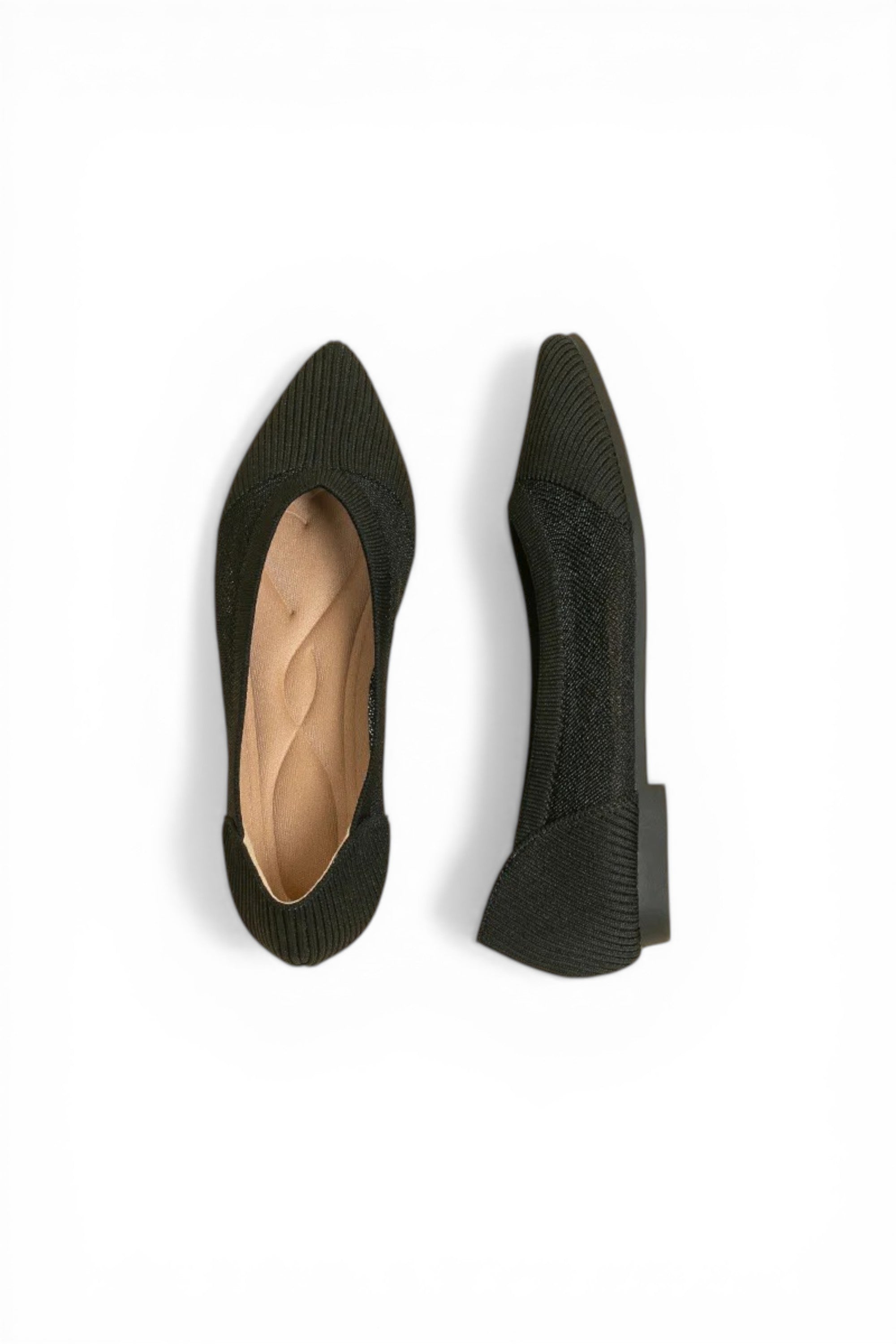 Pair of black pointed-toe shoes on a white background