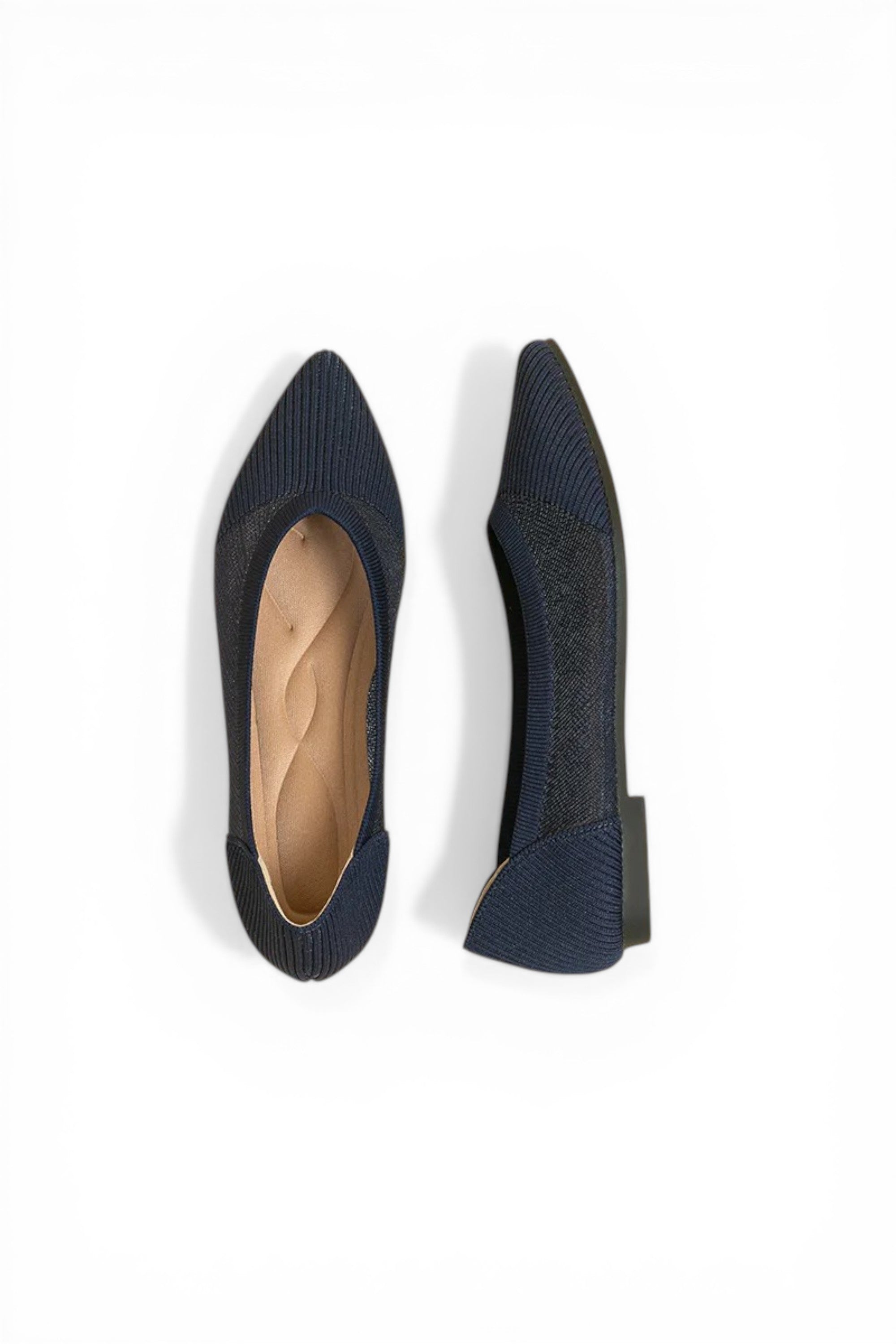Pair of navy blue pointed-toe shoes on a white background