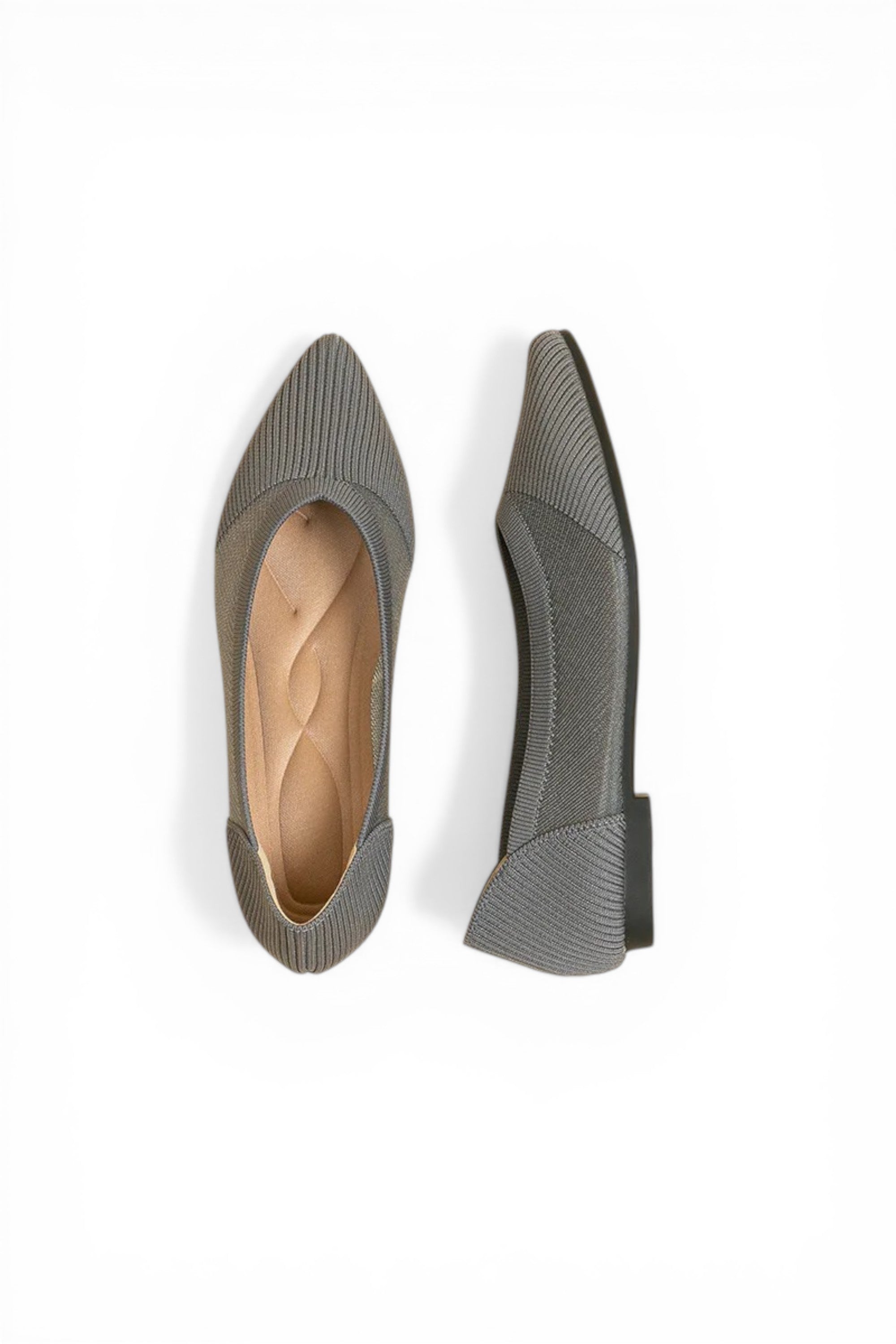 Pair of gray pointed-toe shoes on a white background