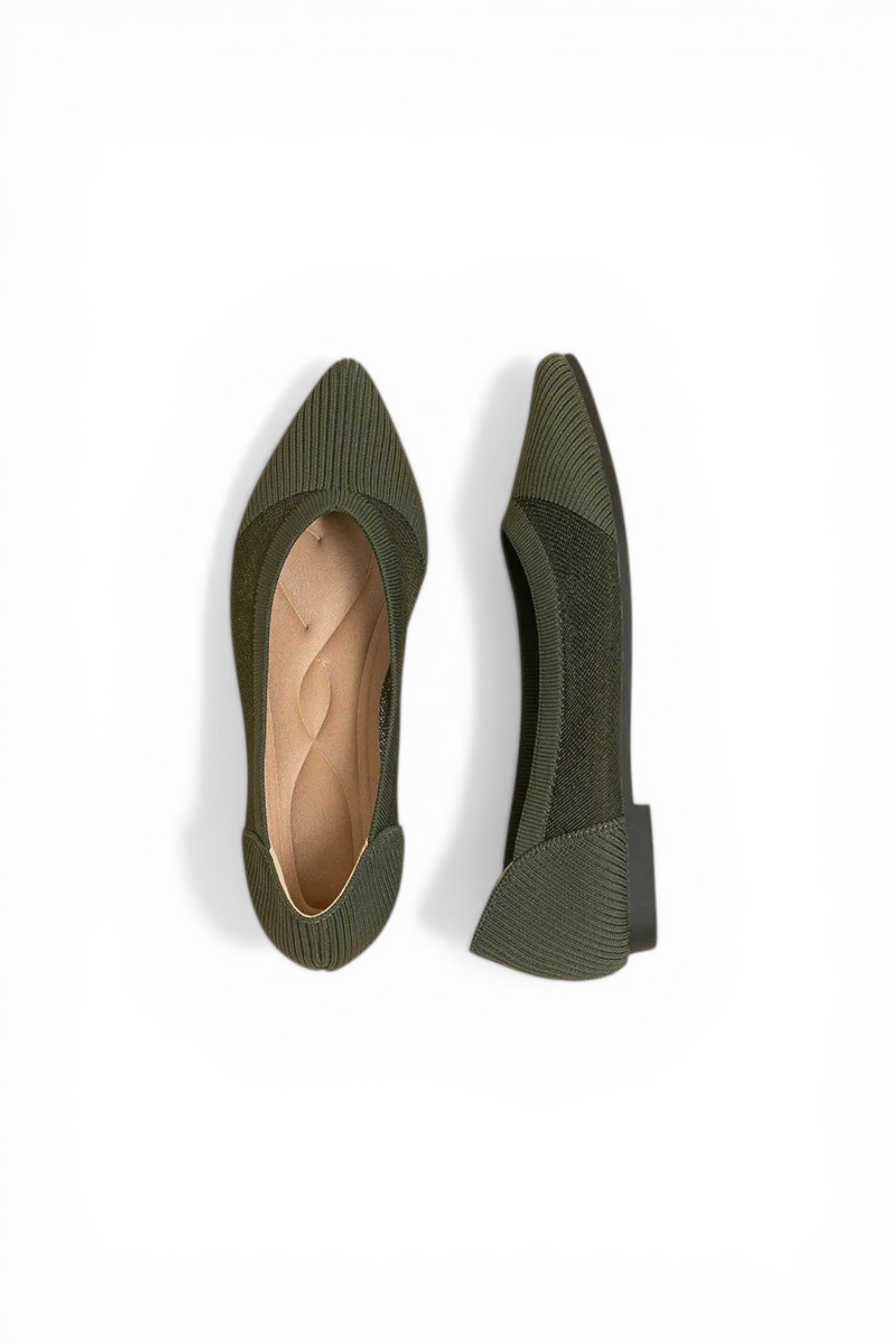 Pair of green pointed-toe shoes on a white background