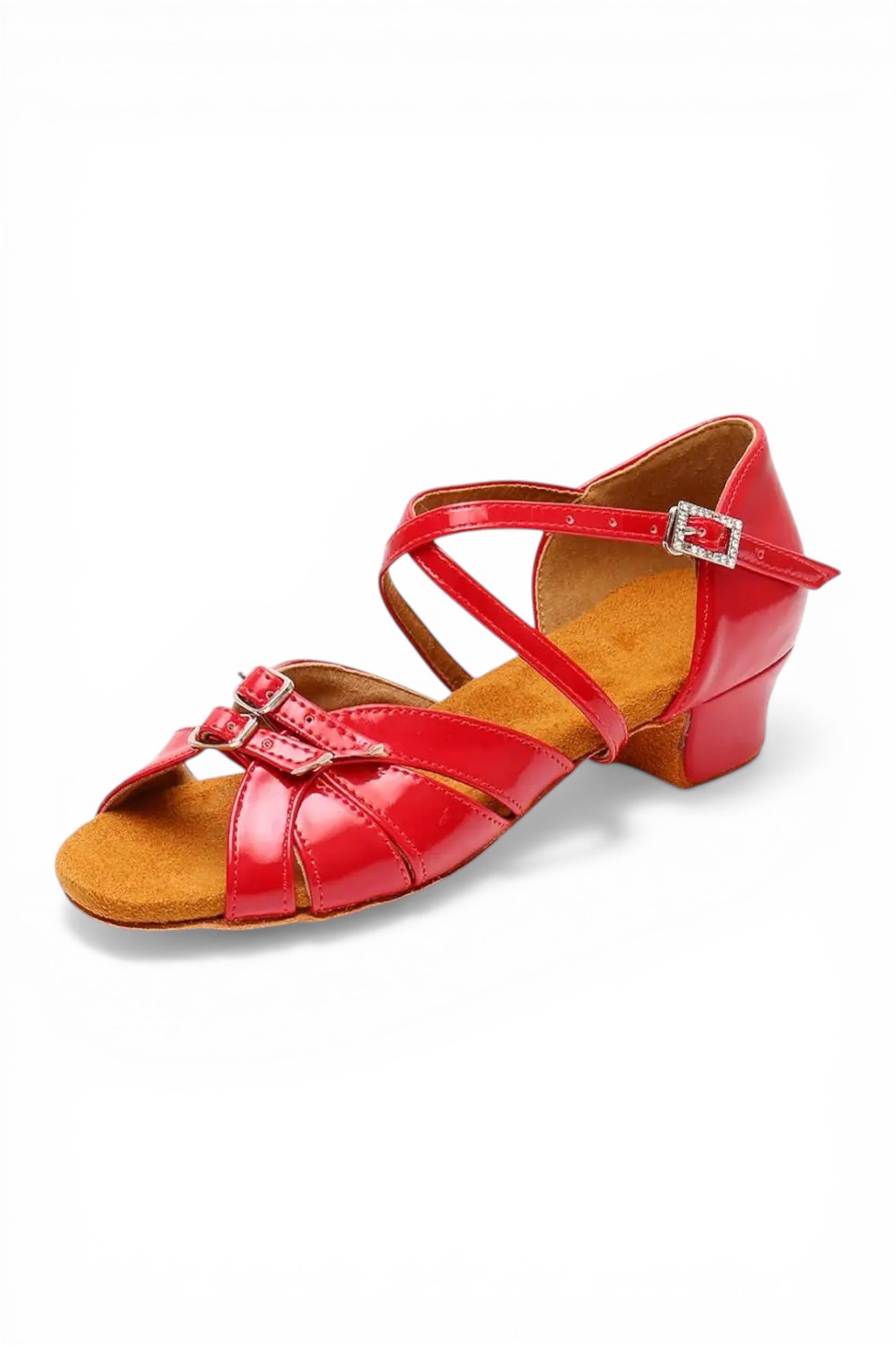 Red dance shoe with a brown sole on a white background