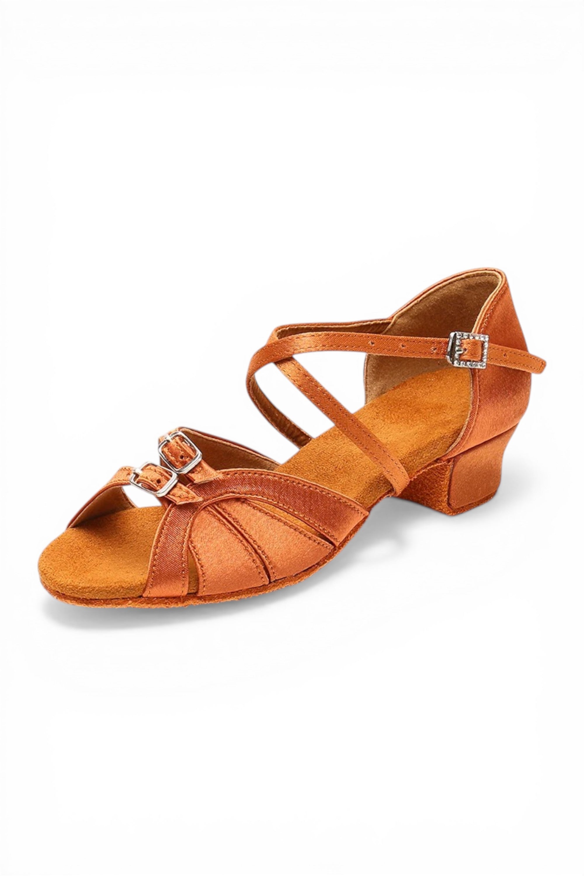 Orange dance shoe with a strap on a white background