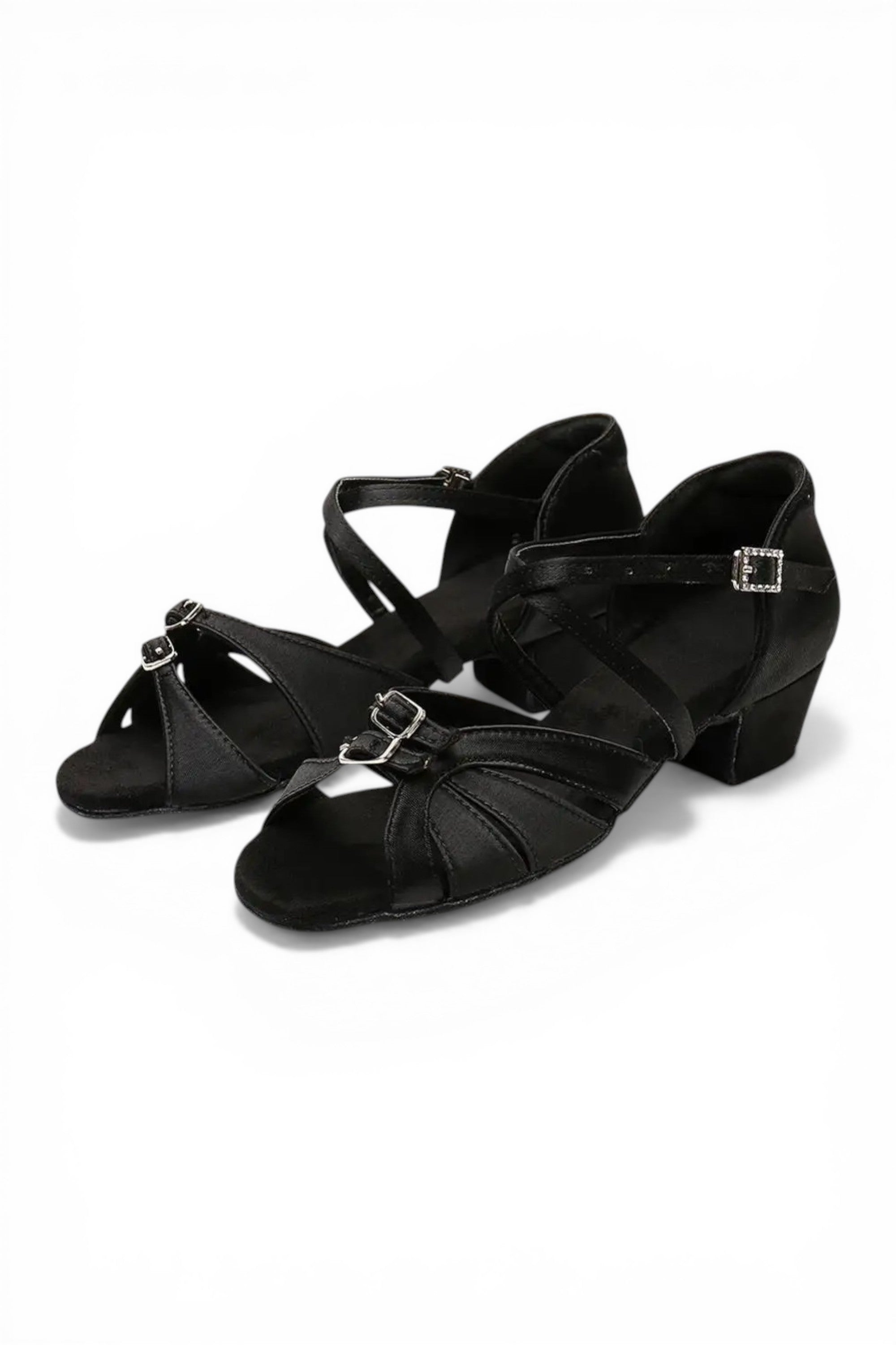 Pair of black ballroom dancing shoes on a white background