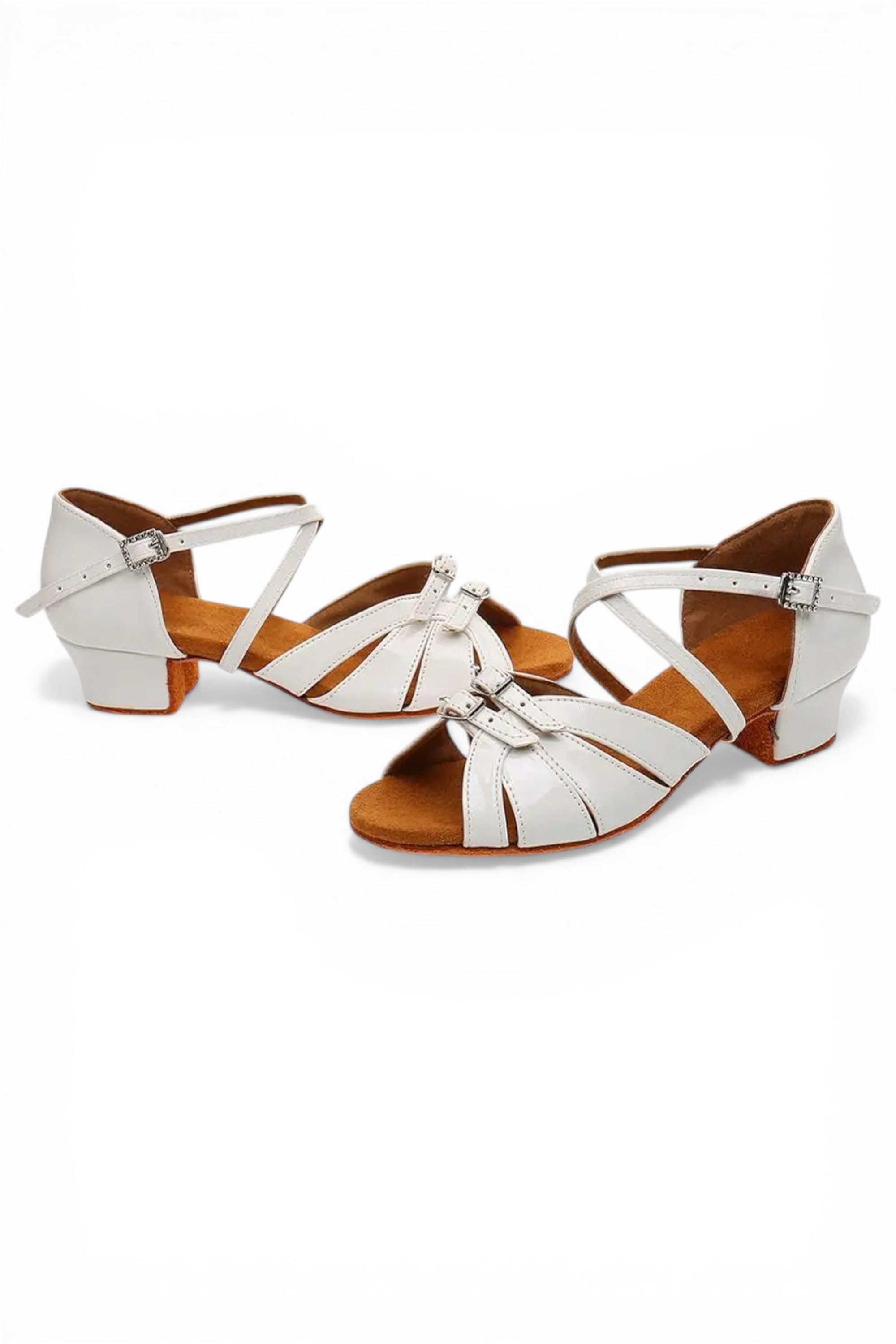 White and brown sandals with strappy design on a white background