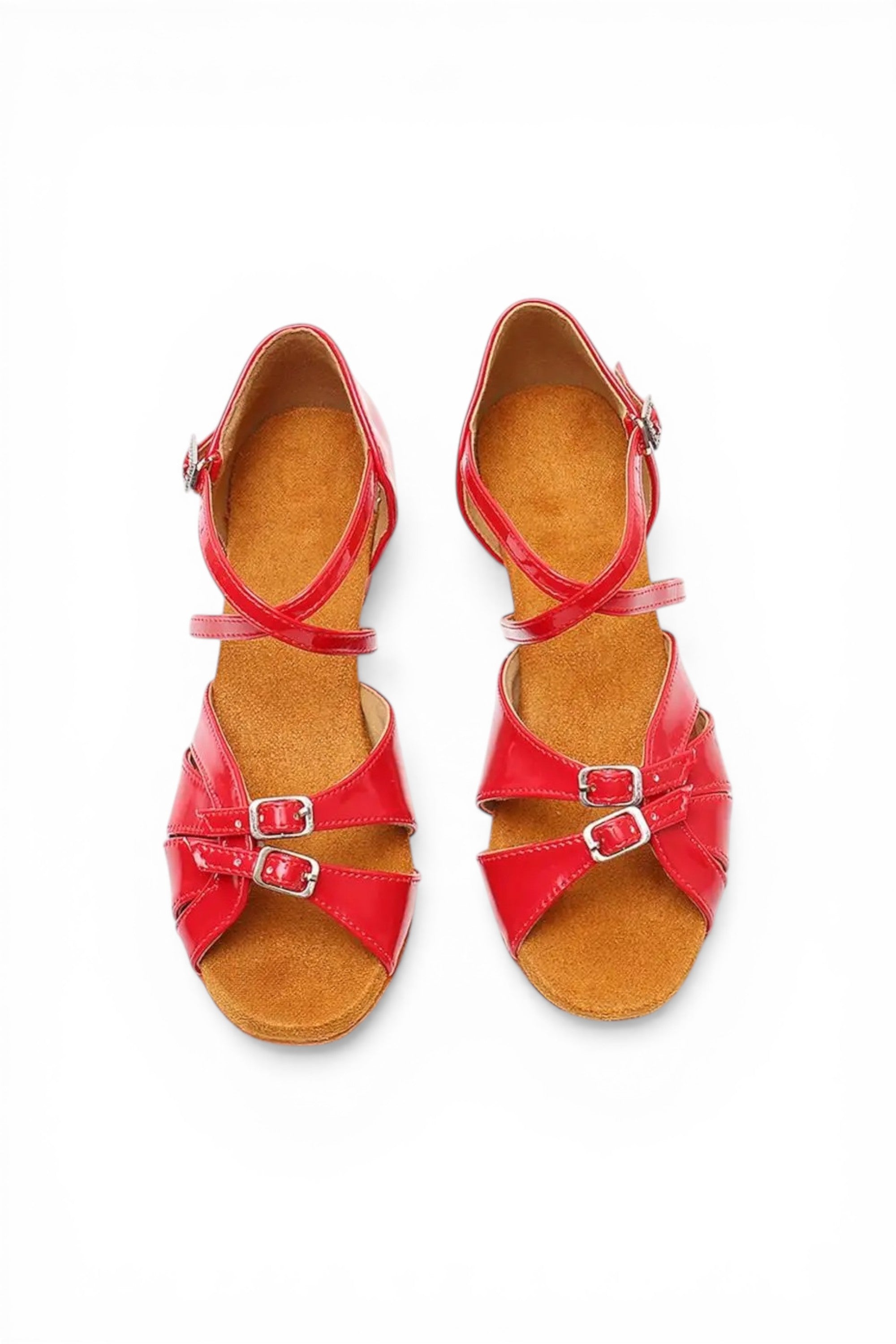 Red sandals with brown soles on a white background