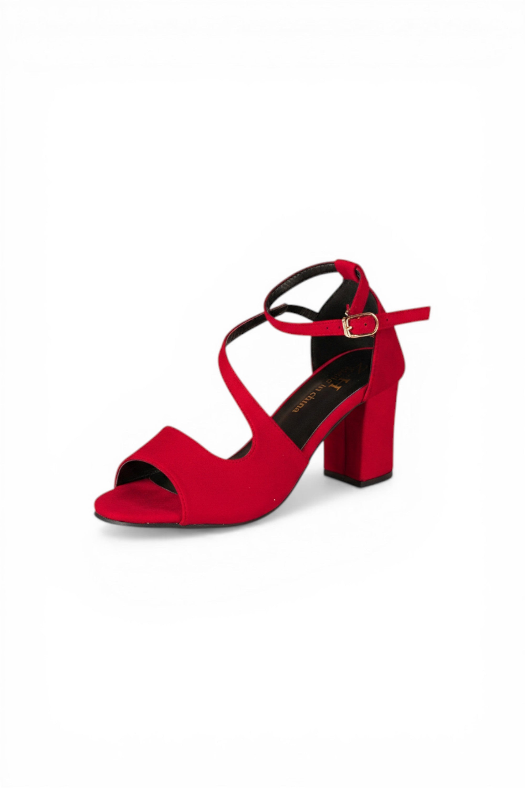 Red sandal with a block heel on a white background