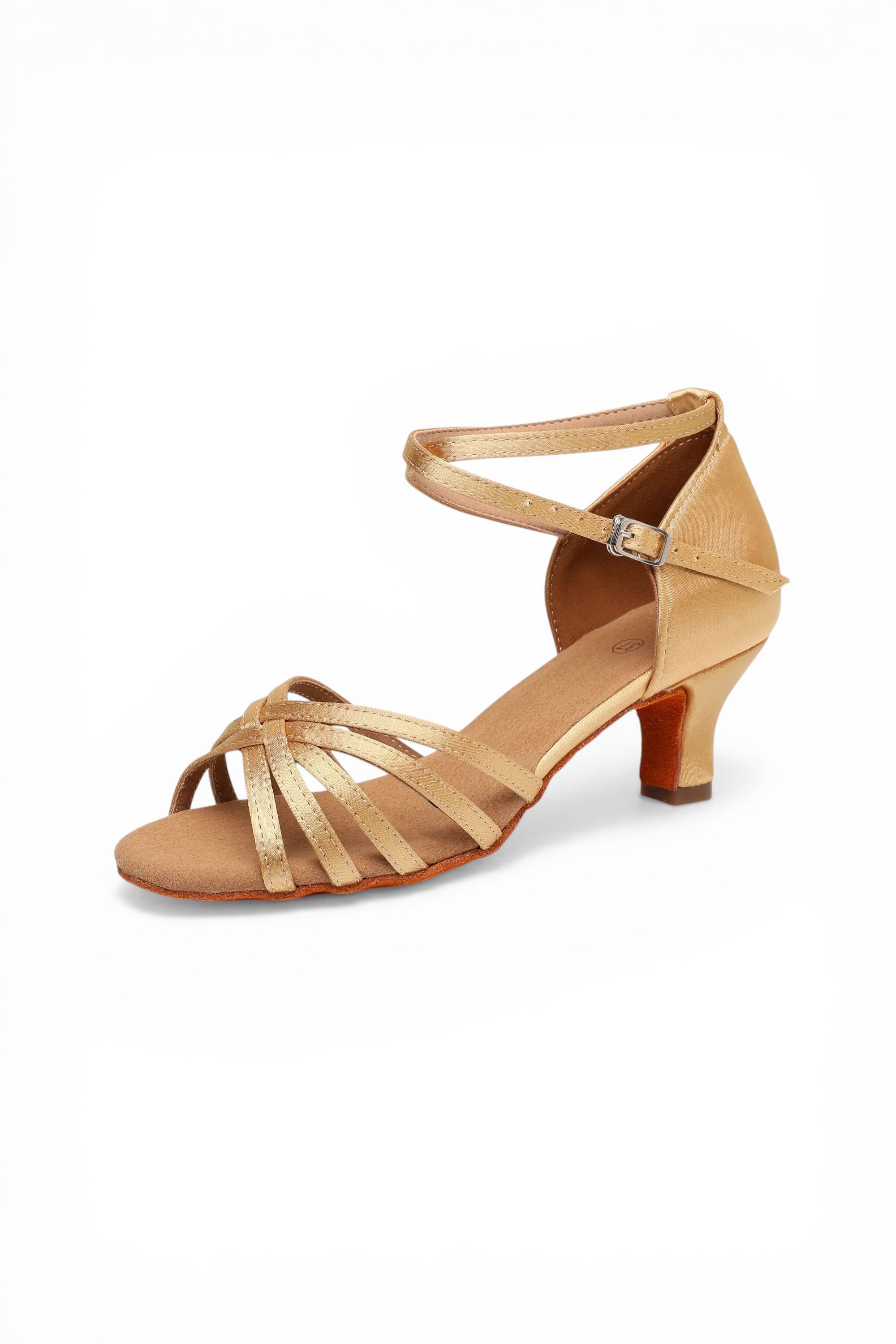 Gold strappy dance shoe on a white background