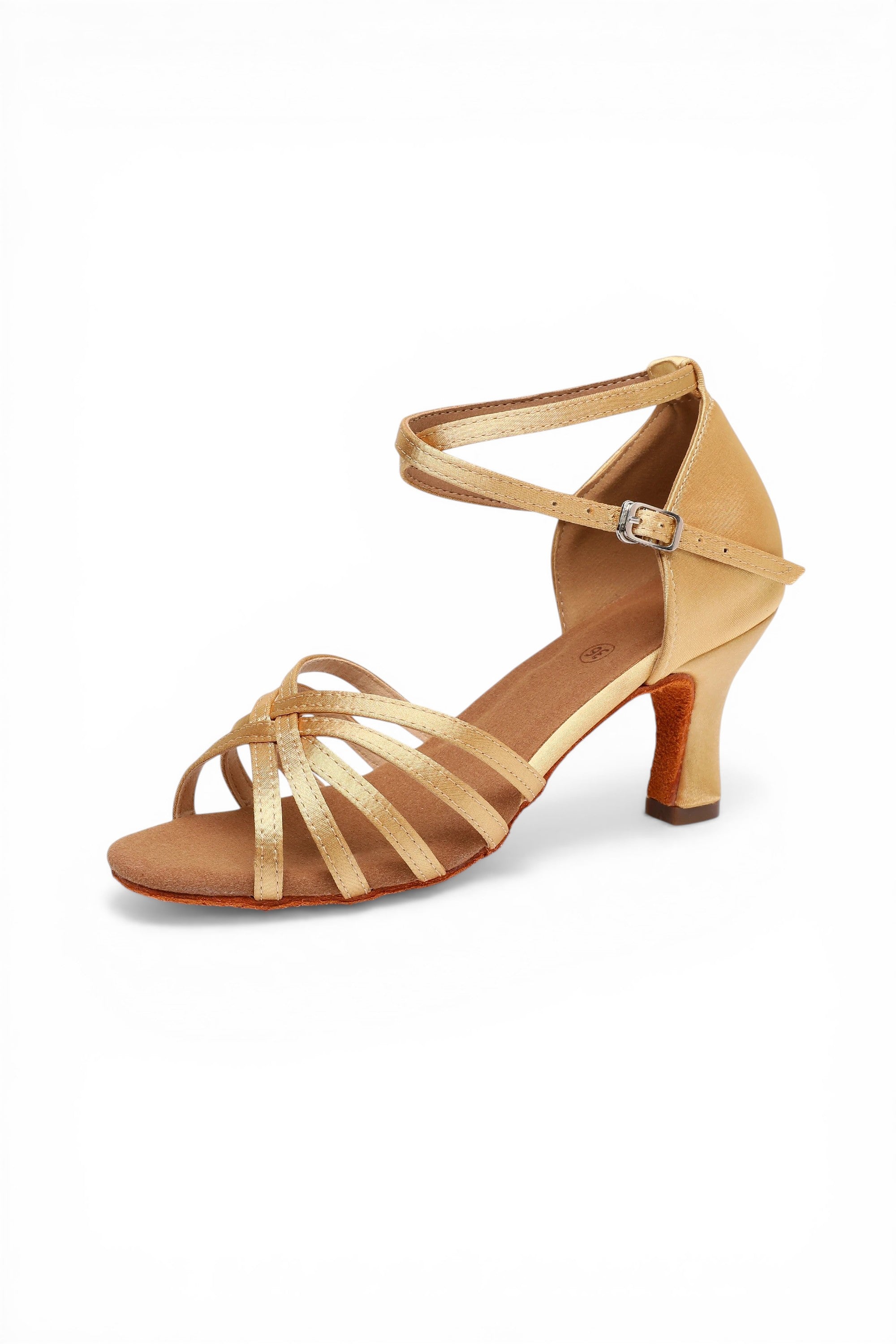 Tan ballroom dance shoe with a strap on a white background