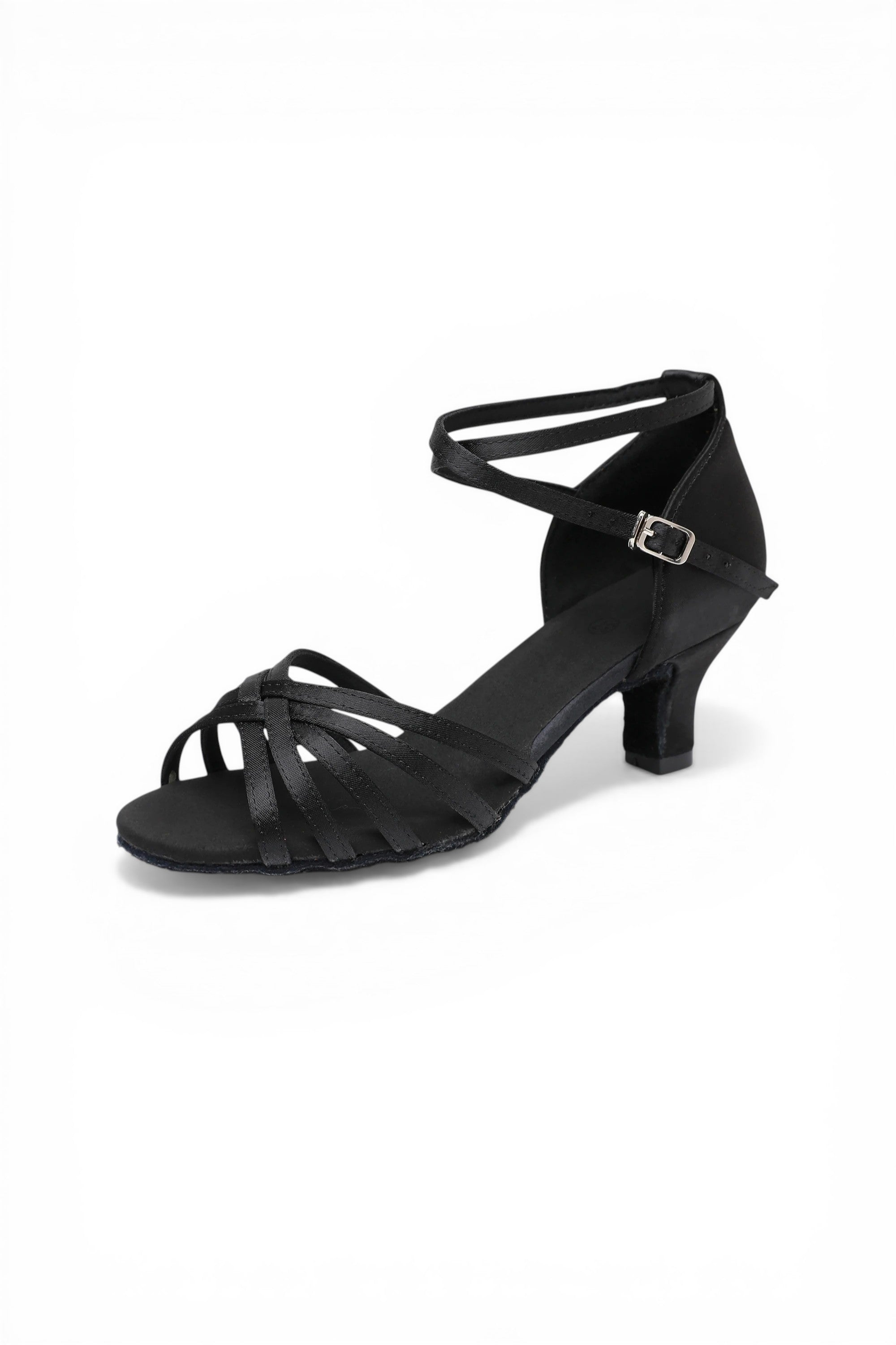 Black sandal with a low heel on a white background