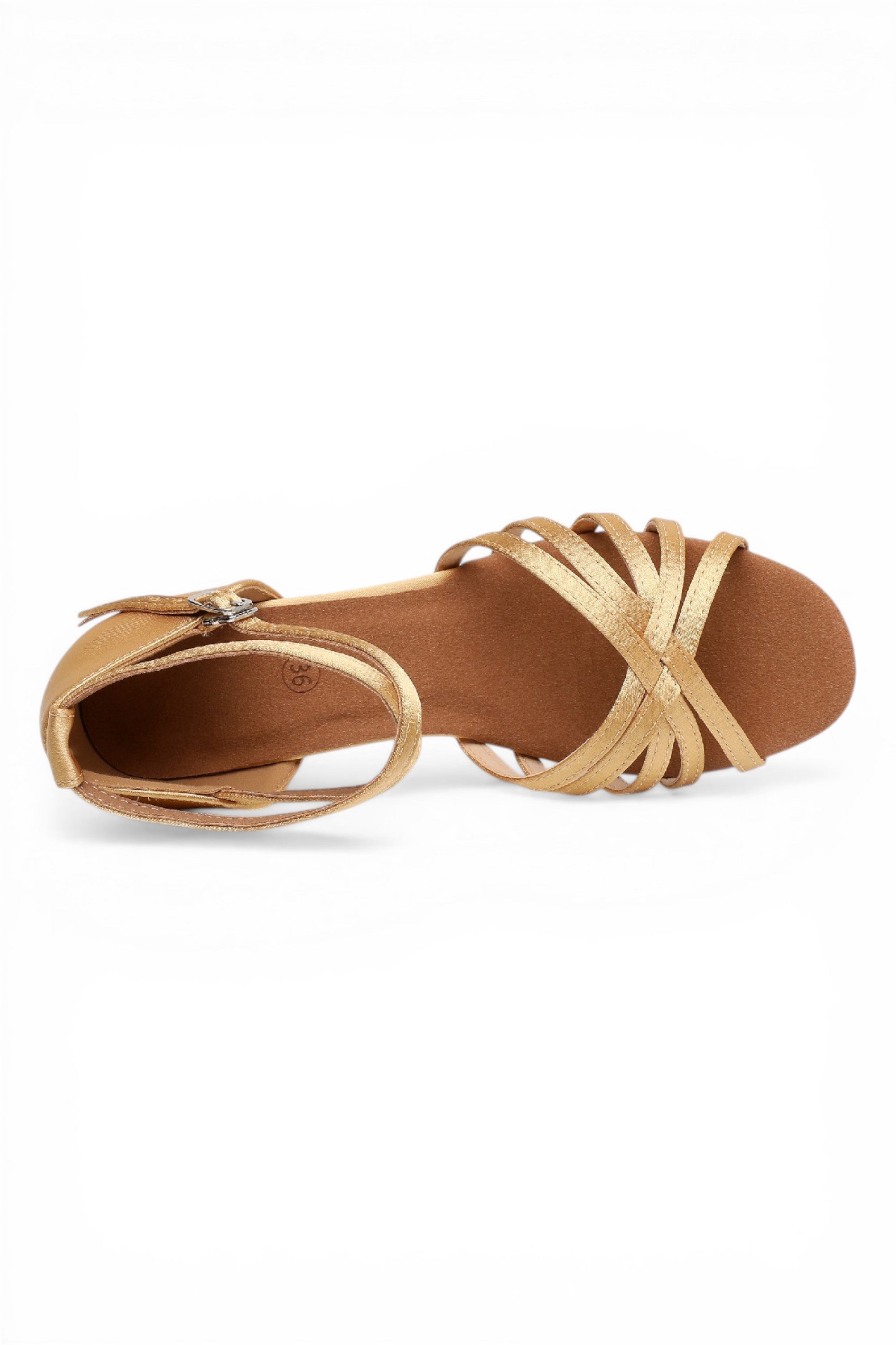 Tan sandal with multiple straps on a white background