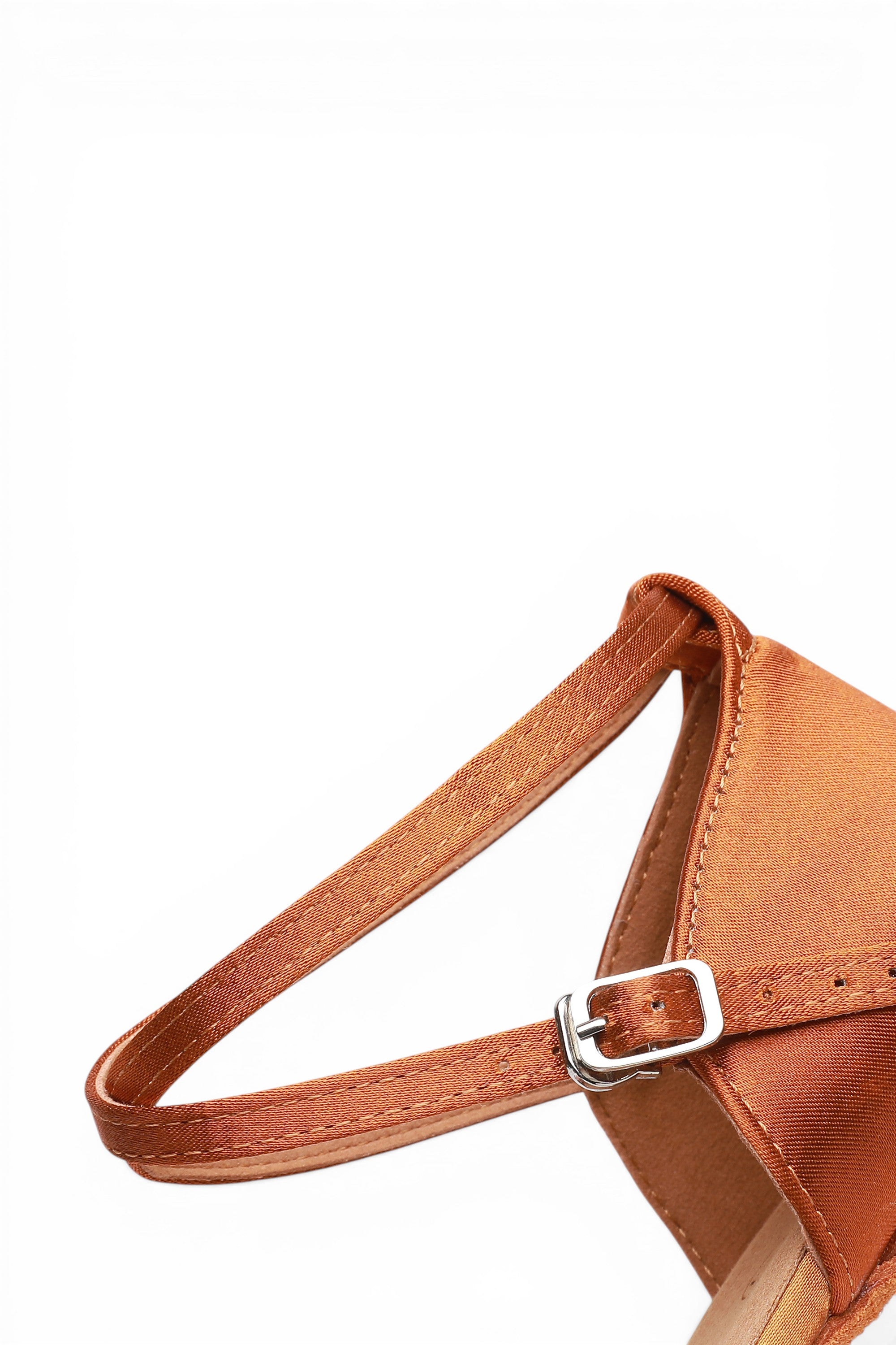 Brown sandal with a strap and buckle on a white background