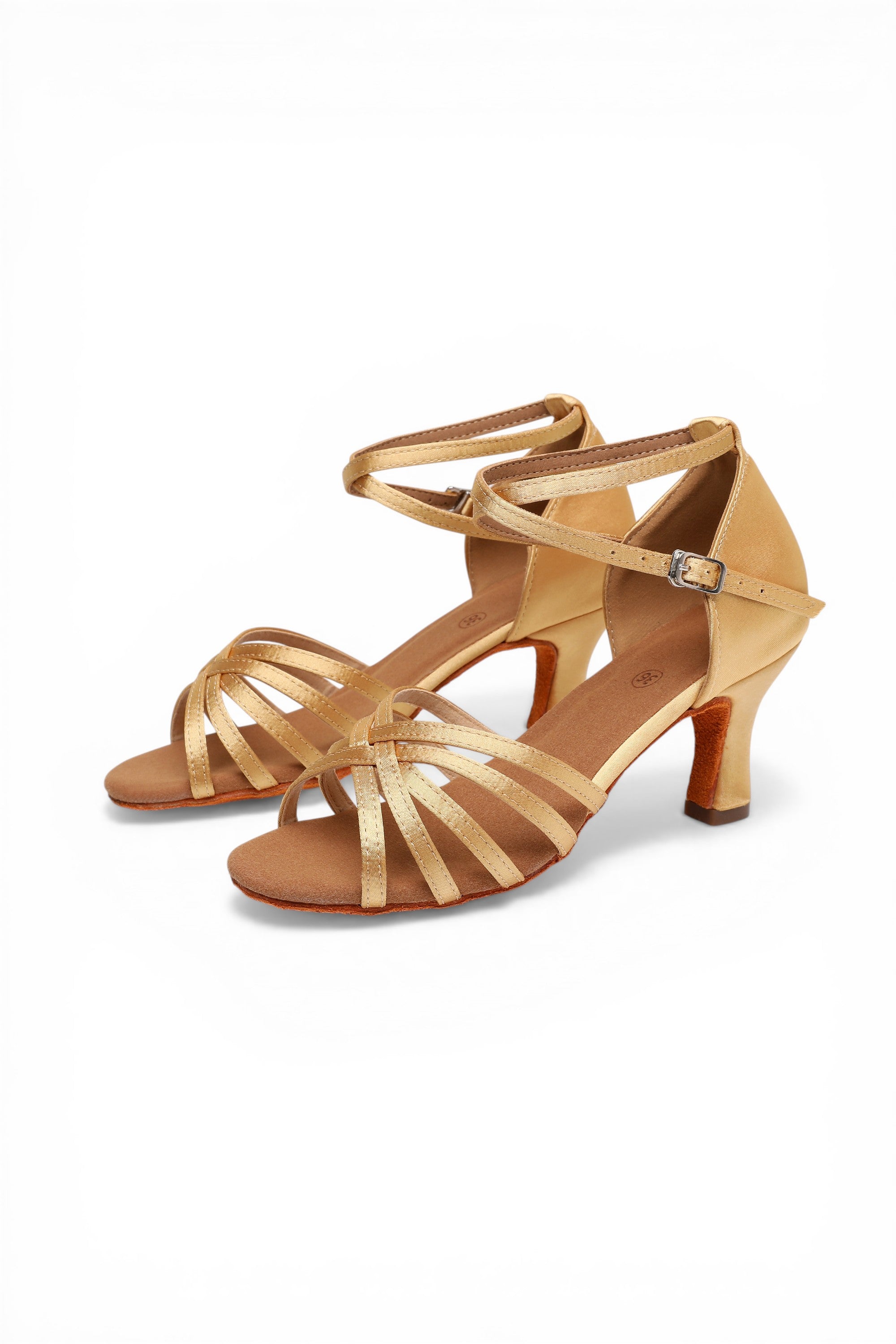 Pair of tan strappy sandals on a white background