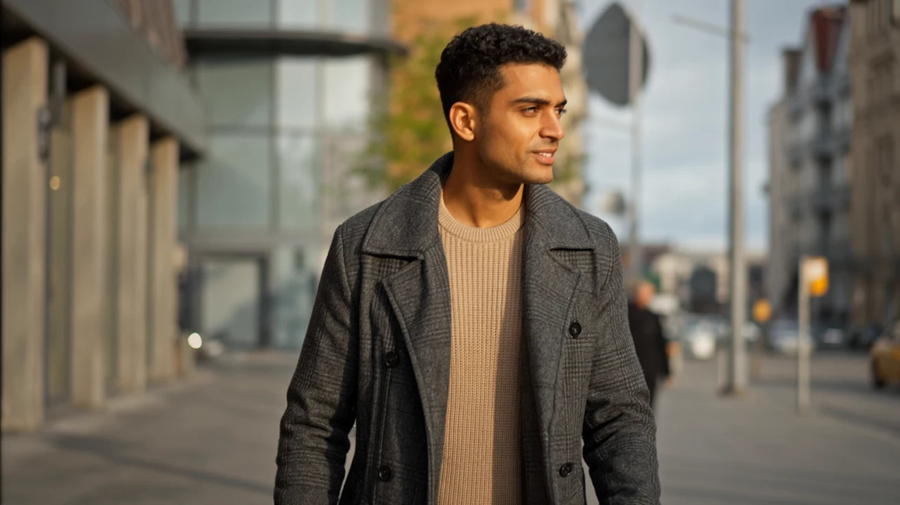 Man walking on a city street wearing a gray coat and beige sweater.