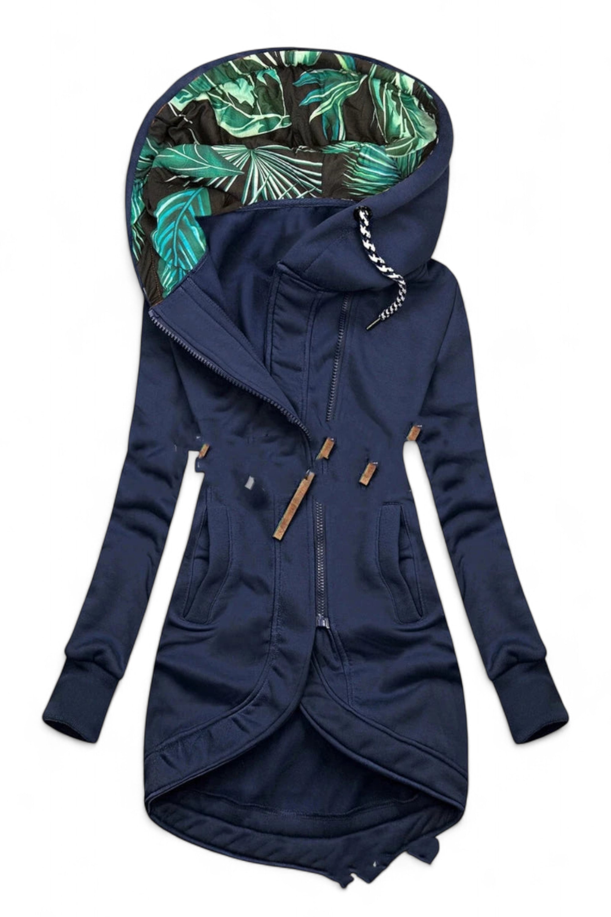 Navy blue hoodie with tropical leaf pattern on hood against a white background
