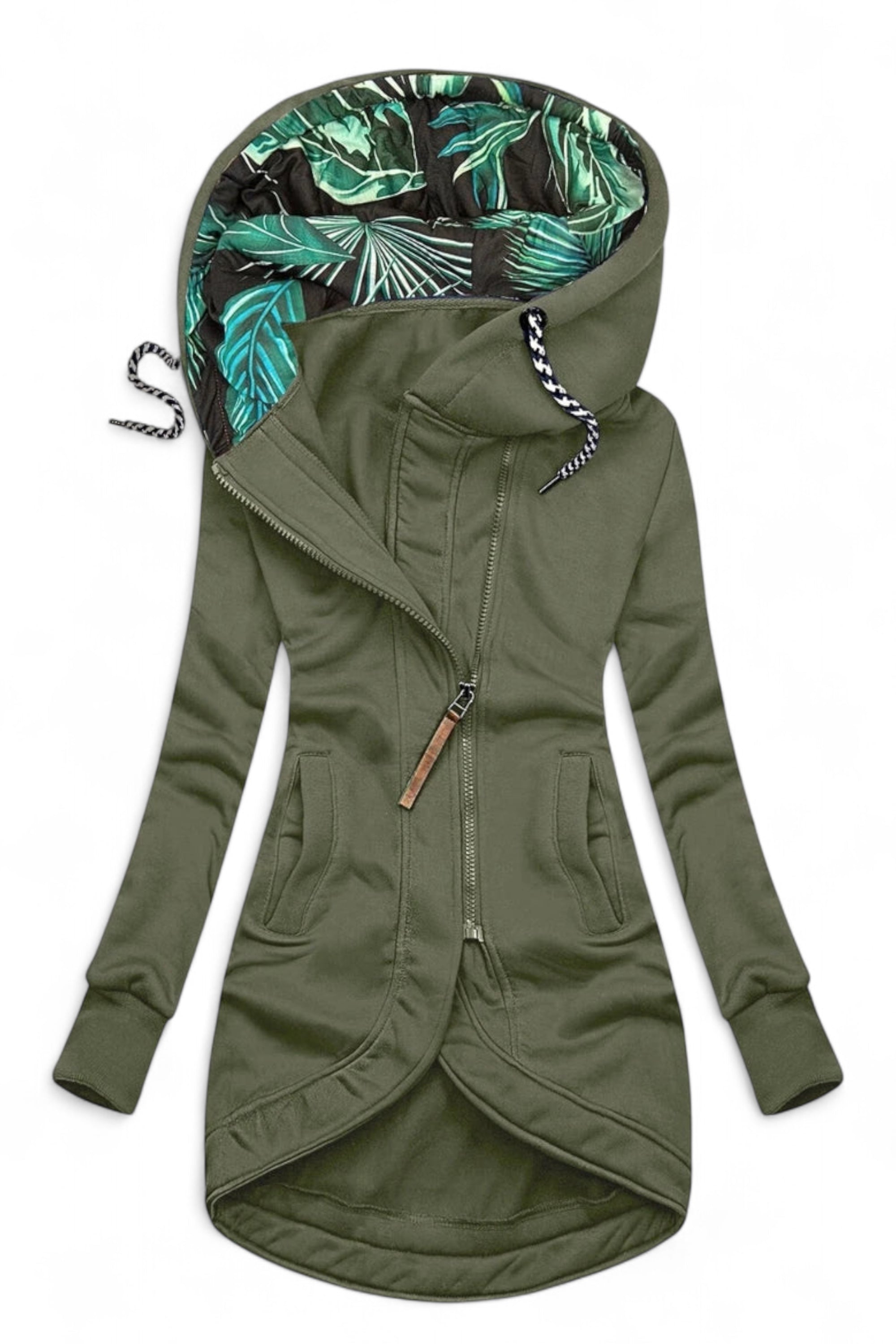 Green hoodie with tropical leaf pattern inside the hood on a white background