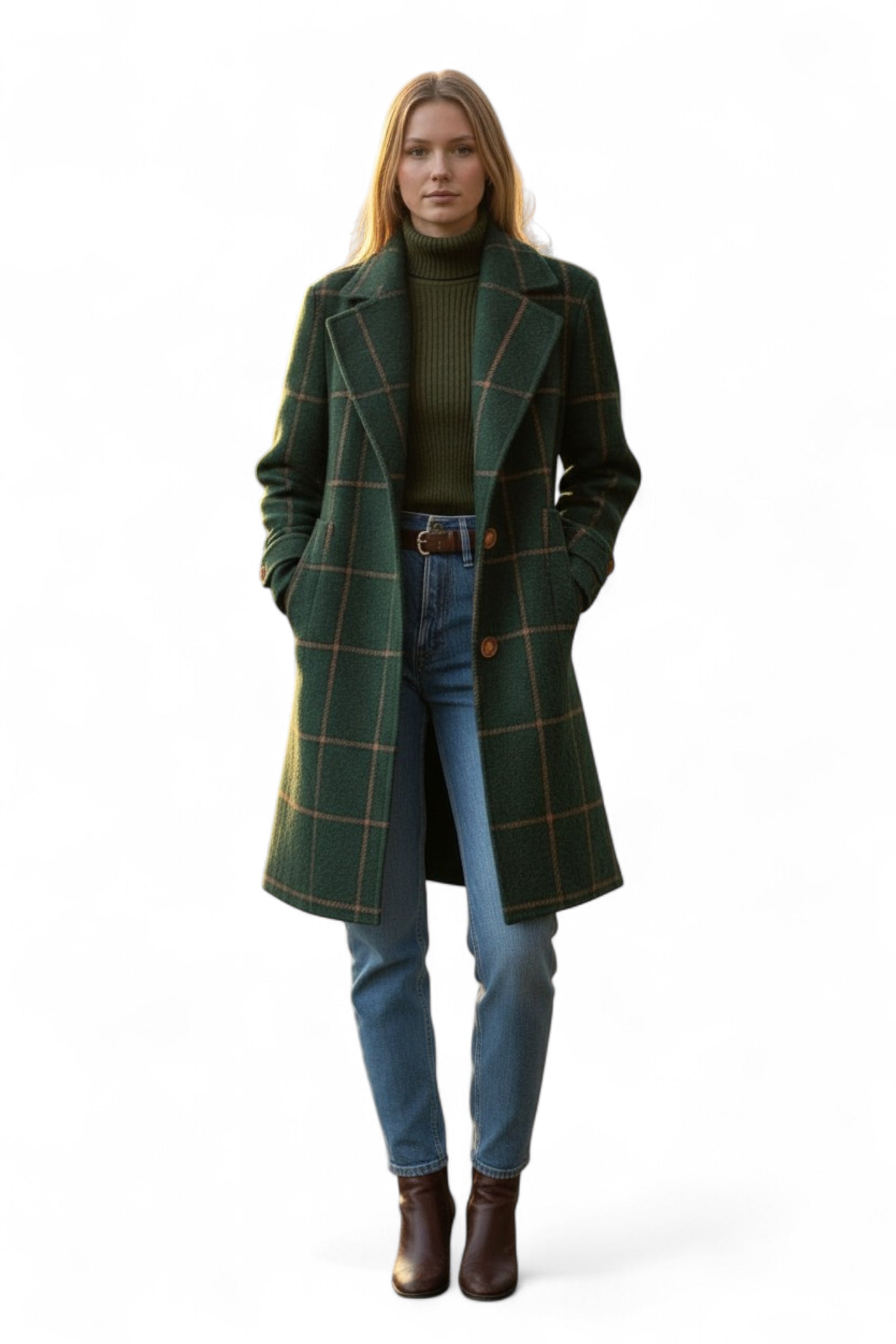 Woman wearing a green checkered coat on a white background