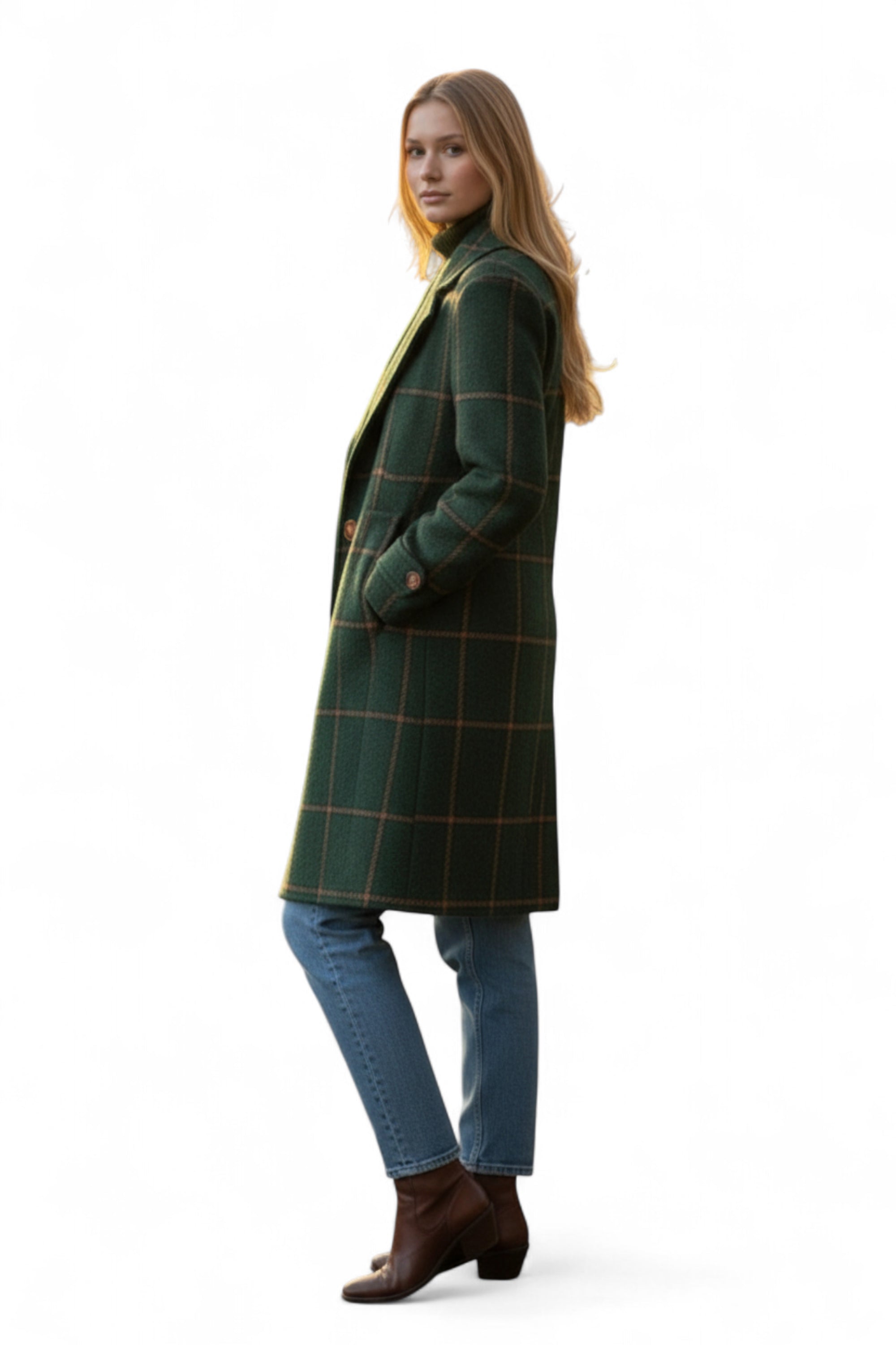 Woman wearing a green checkered coat on a white background