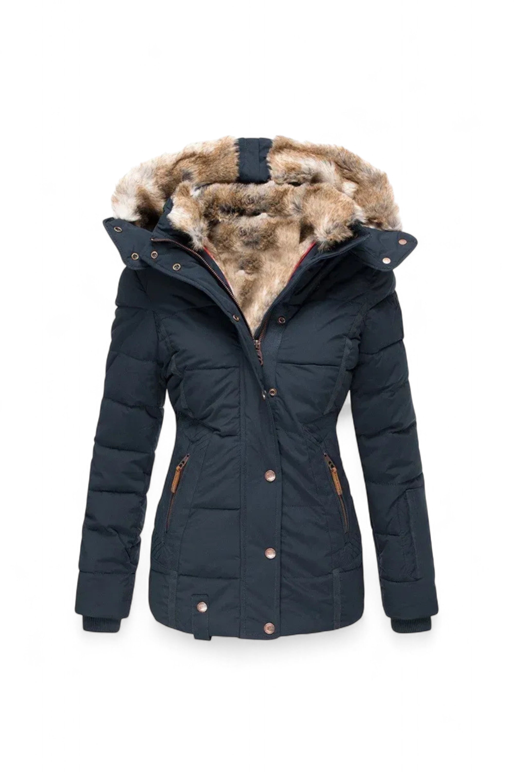 Black winter coat with fur-lined hood on a white background