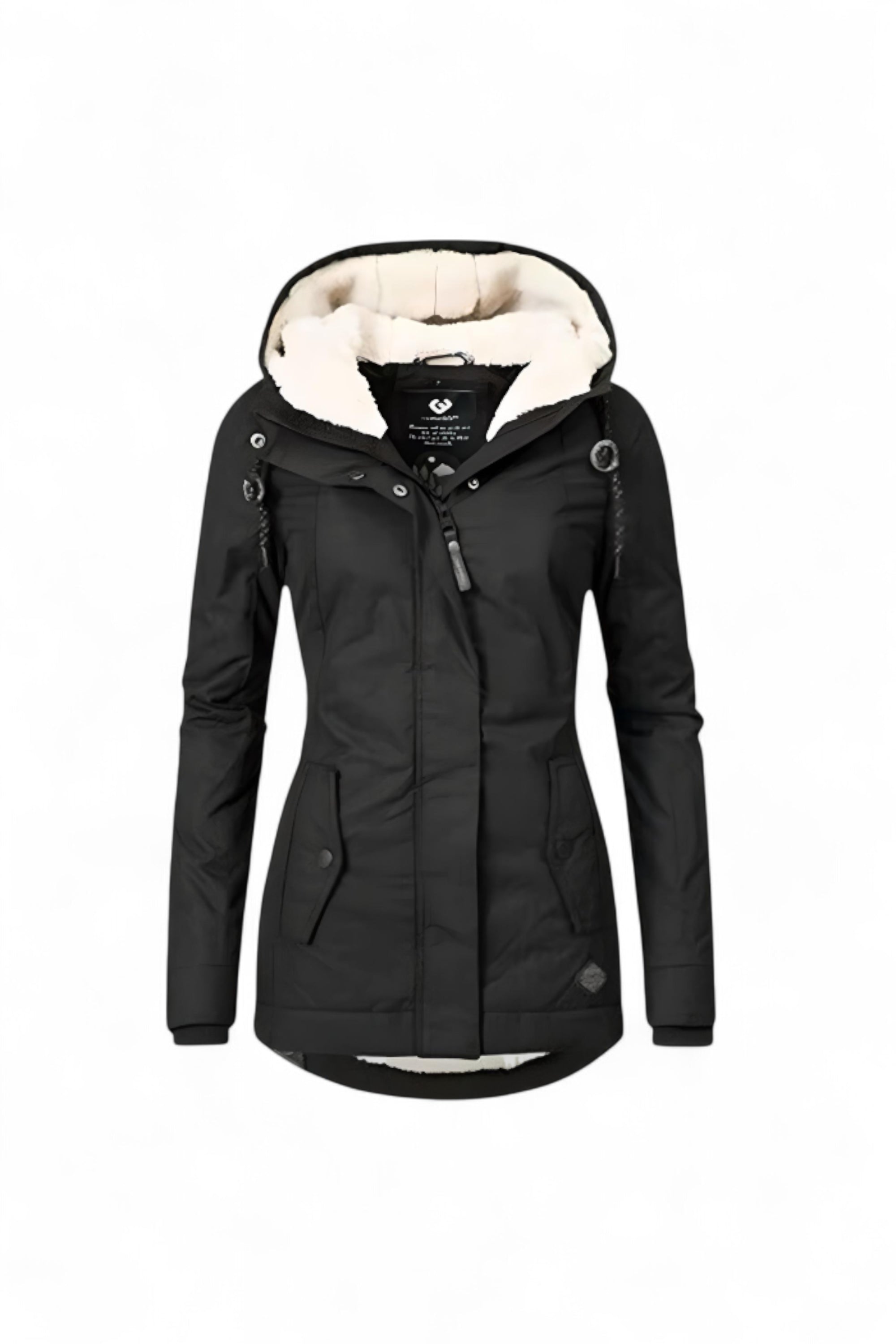 Black winter jacket with white fur lining on a white background