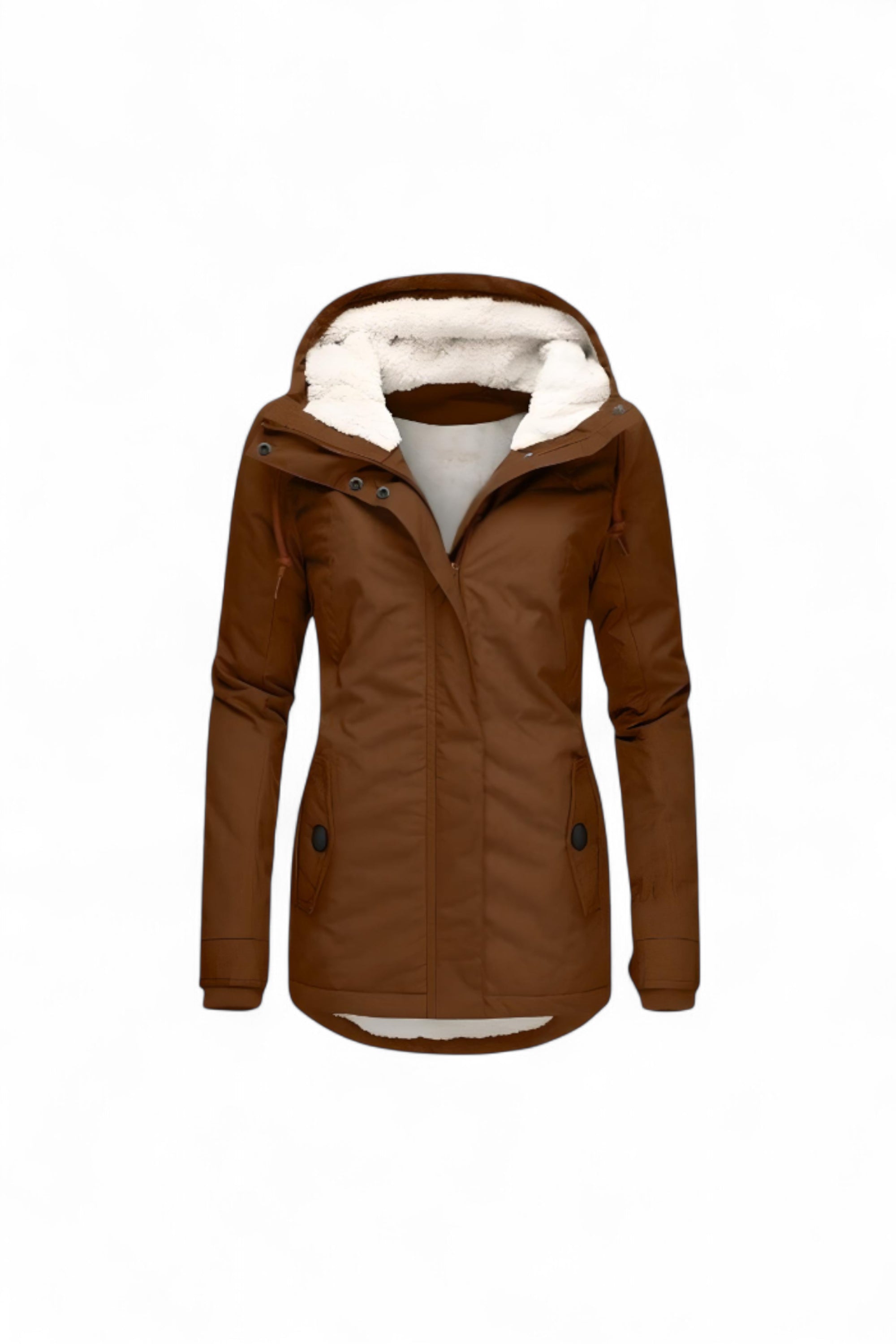 Brown jacket with white fur lining on a white background