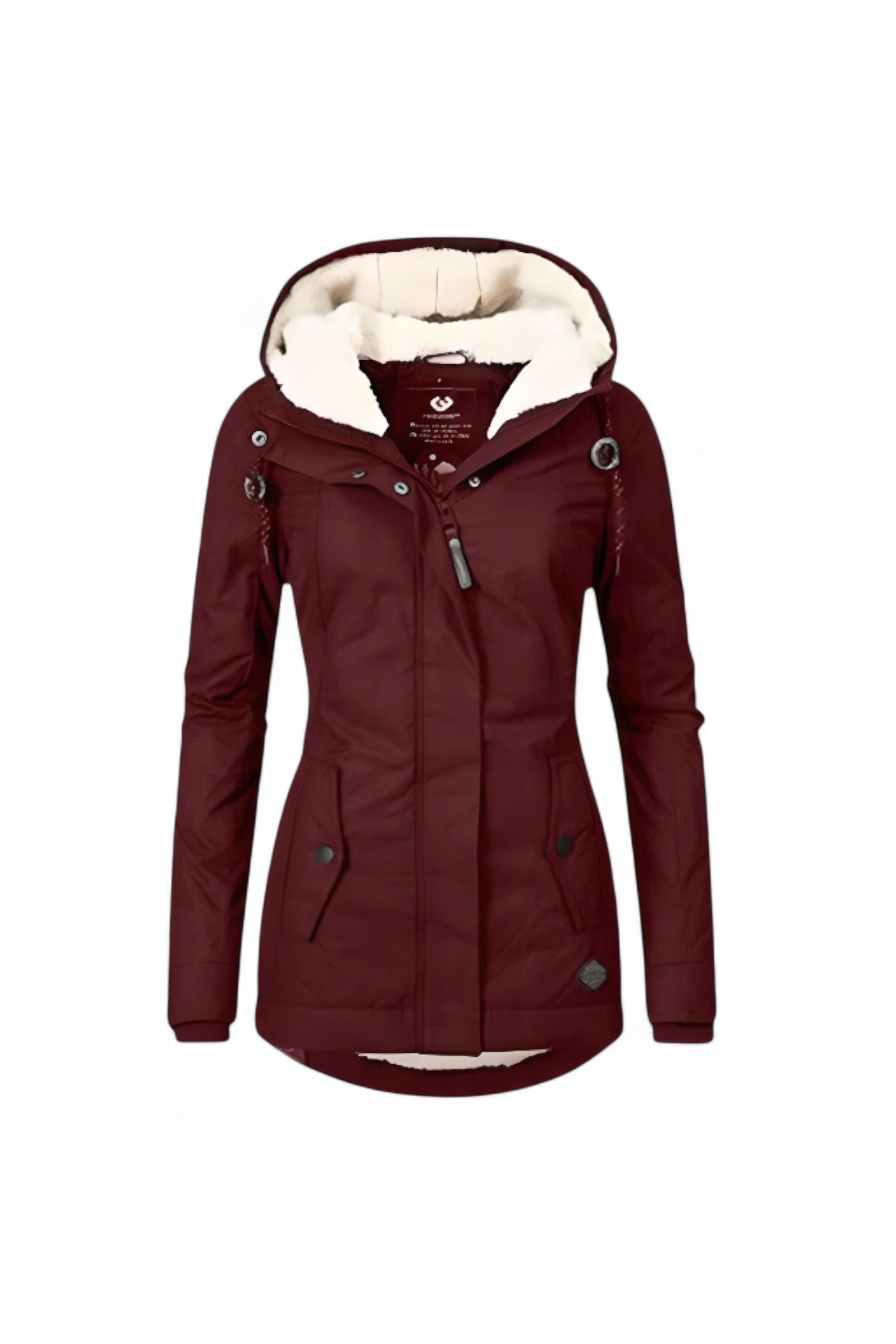 Maroon winter jacket with white fur lining on a white background
