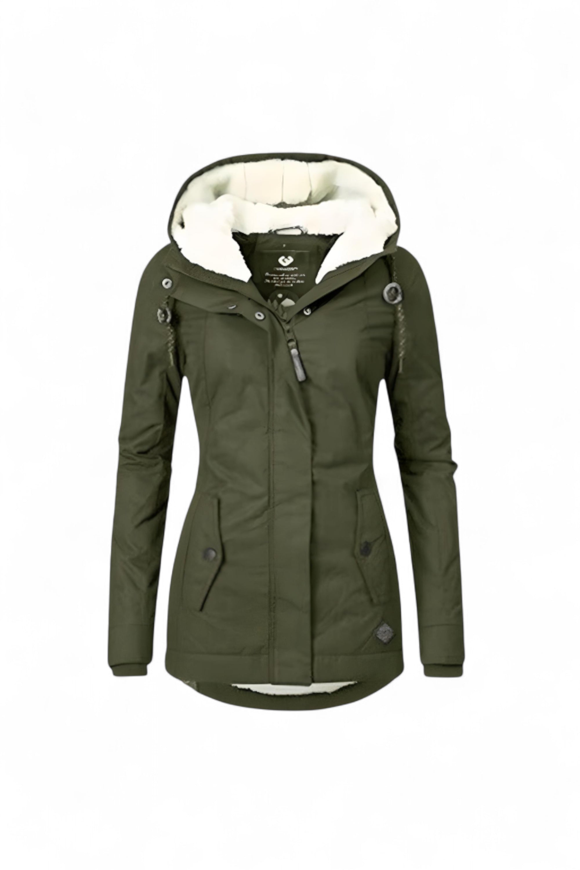 Green winter jacket with white fur lining on a white background