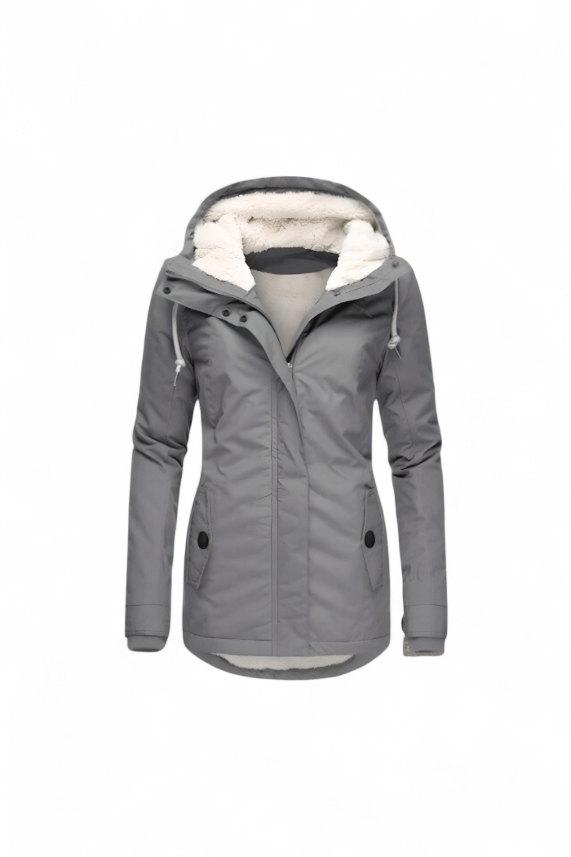 Gray winter jacket with white fur lining on a white background