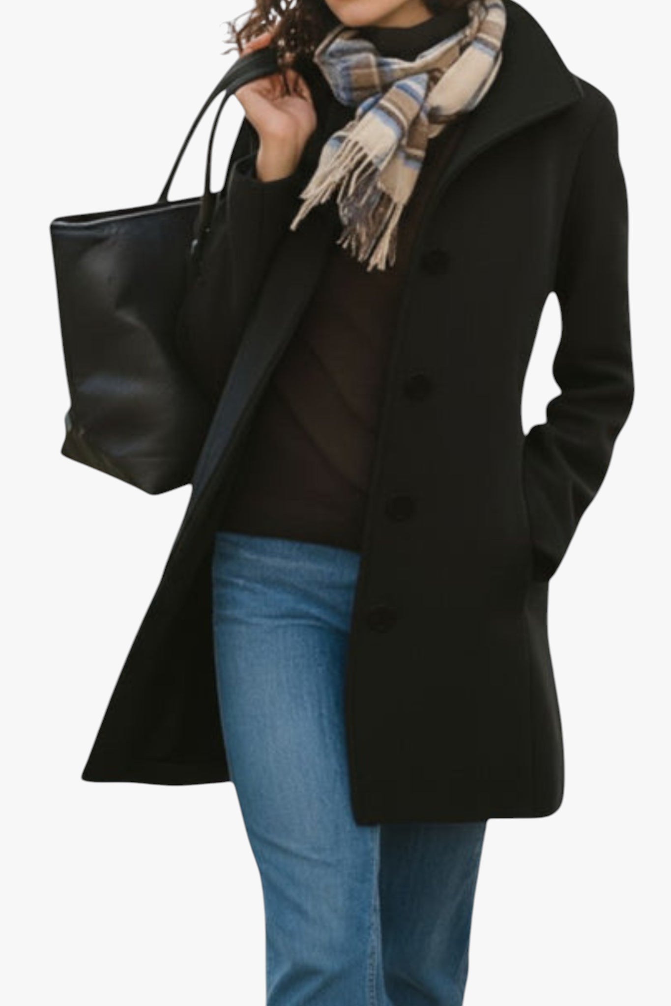 Person wearing a black coat, blue jeans, and a plaid scarf, holding a black handbag.