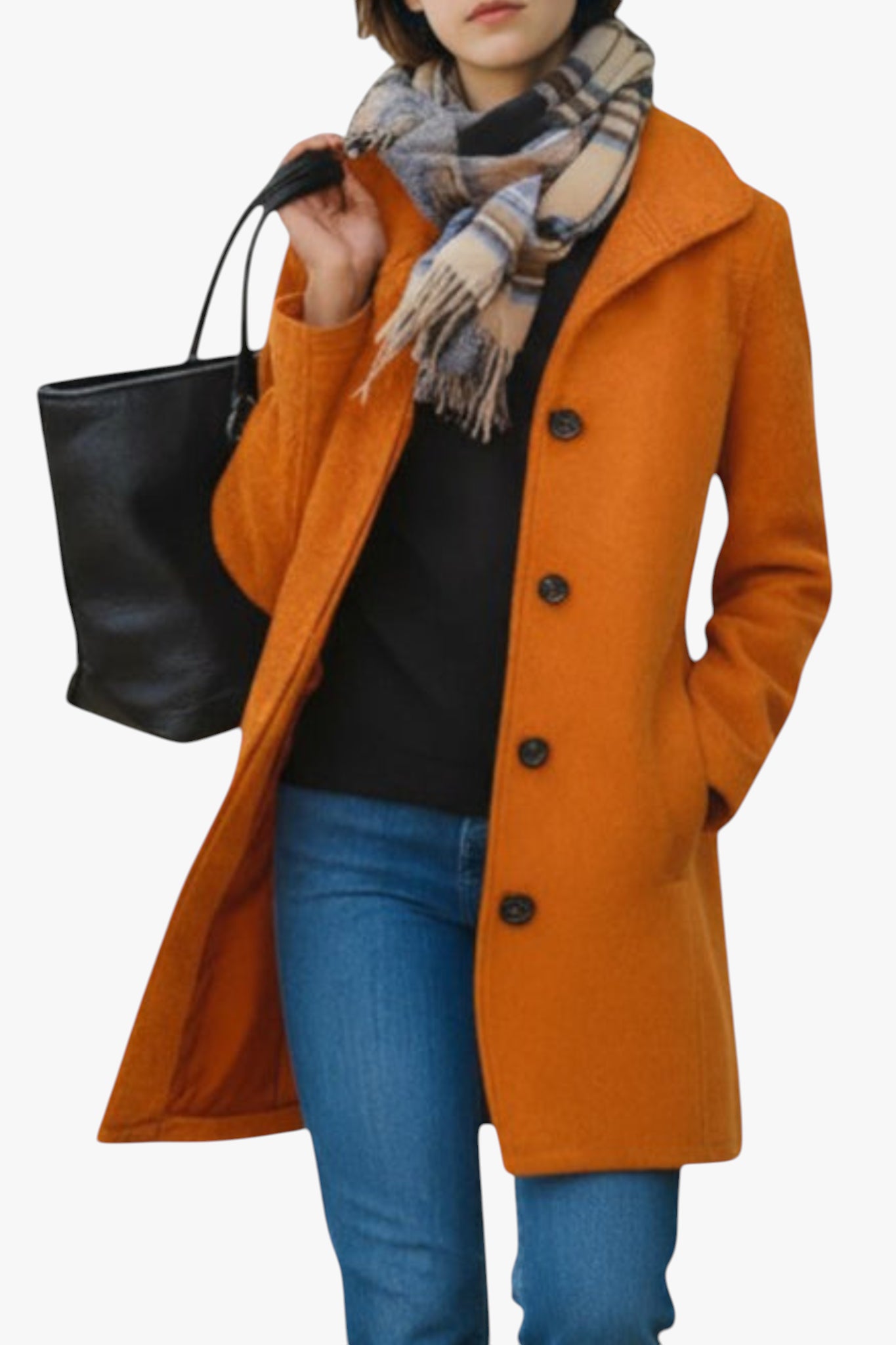 Person wearing an orange coat, black shirt, blue jeans, and plaid scarf holding a black bag.