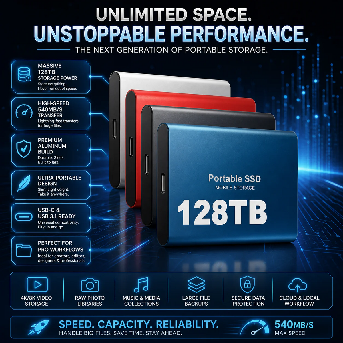 Portable External SSD Drive 128TB
