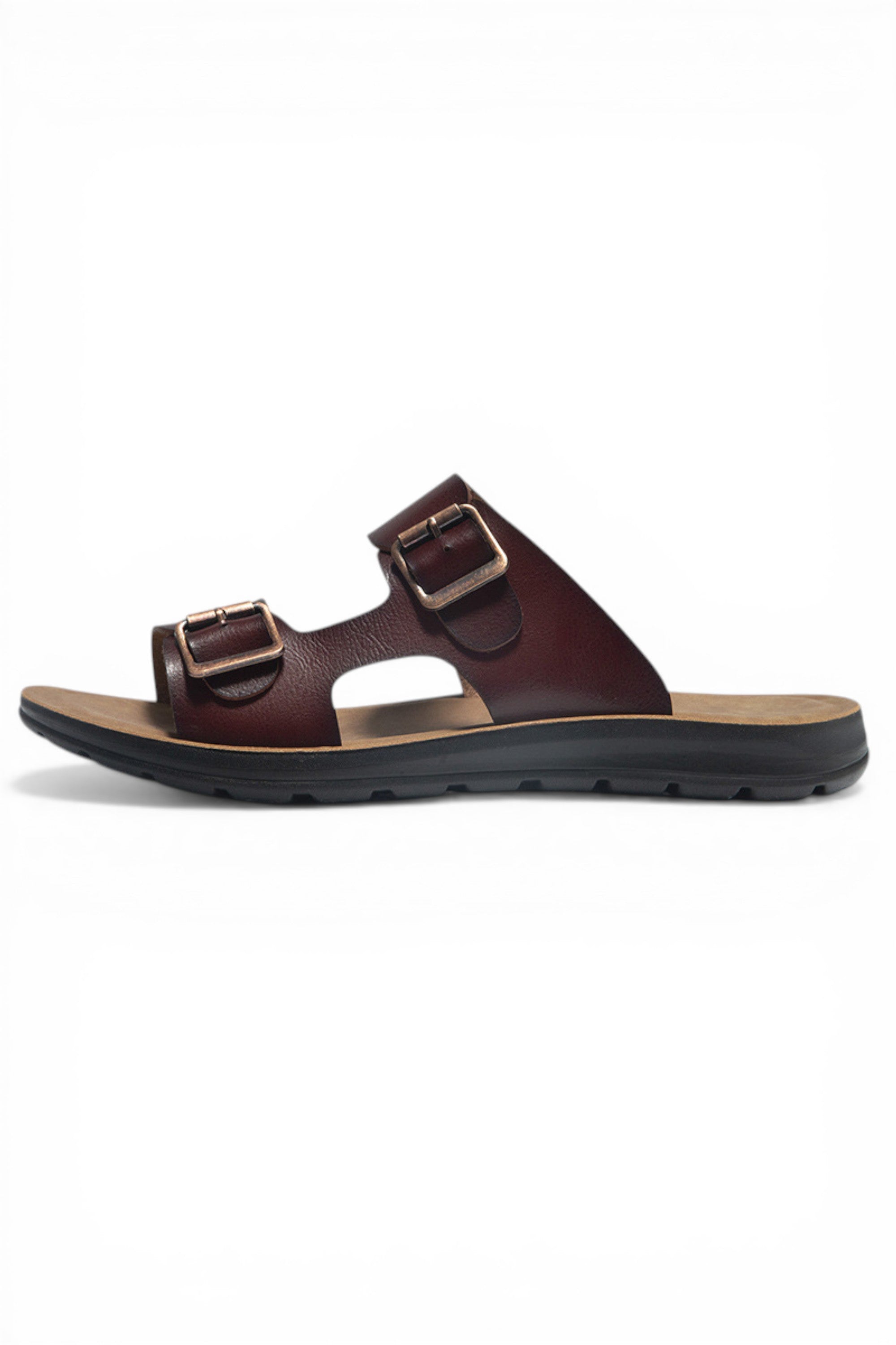 Brown sandal with buckles on a white background