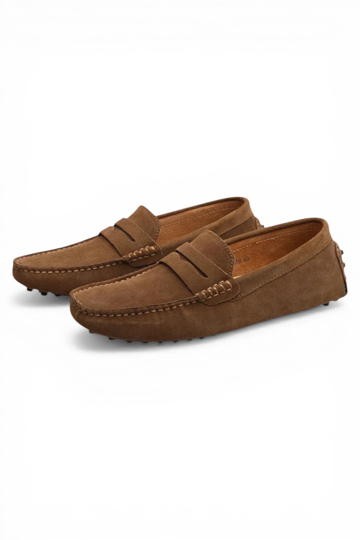 Pair of brown suede loafers on a white background