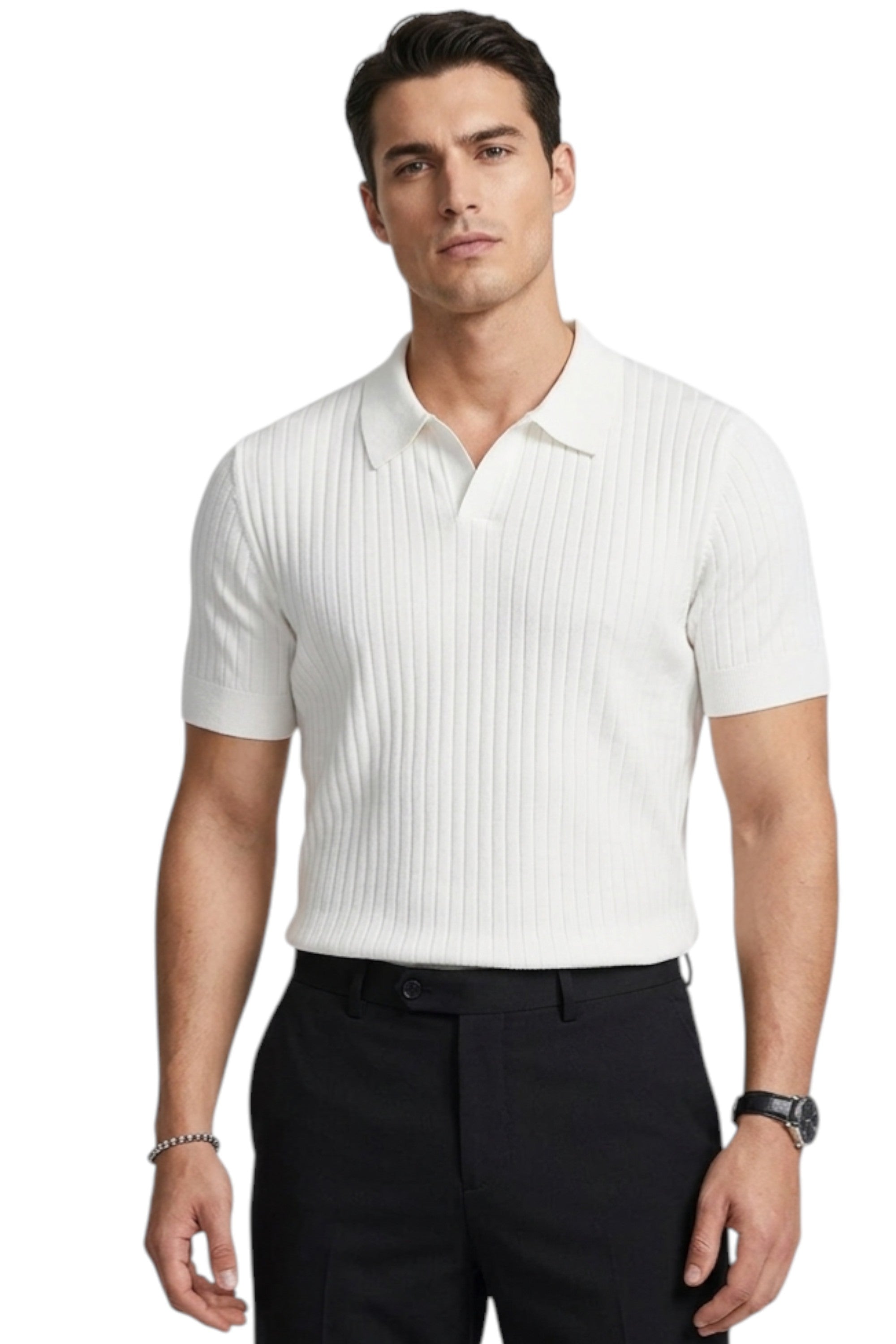 Man wearing a white ribbed polo shirt and black pants on a white background